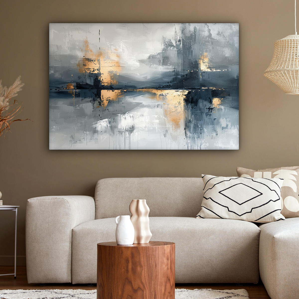LEINWANDBILD Kunst - Grau - Gold - Abstrakt XXL 150x100 cm - Dunkelgrau, Textil (150/100cm) - MuchoWow