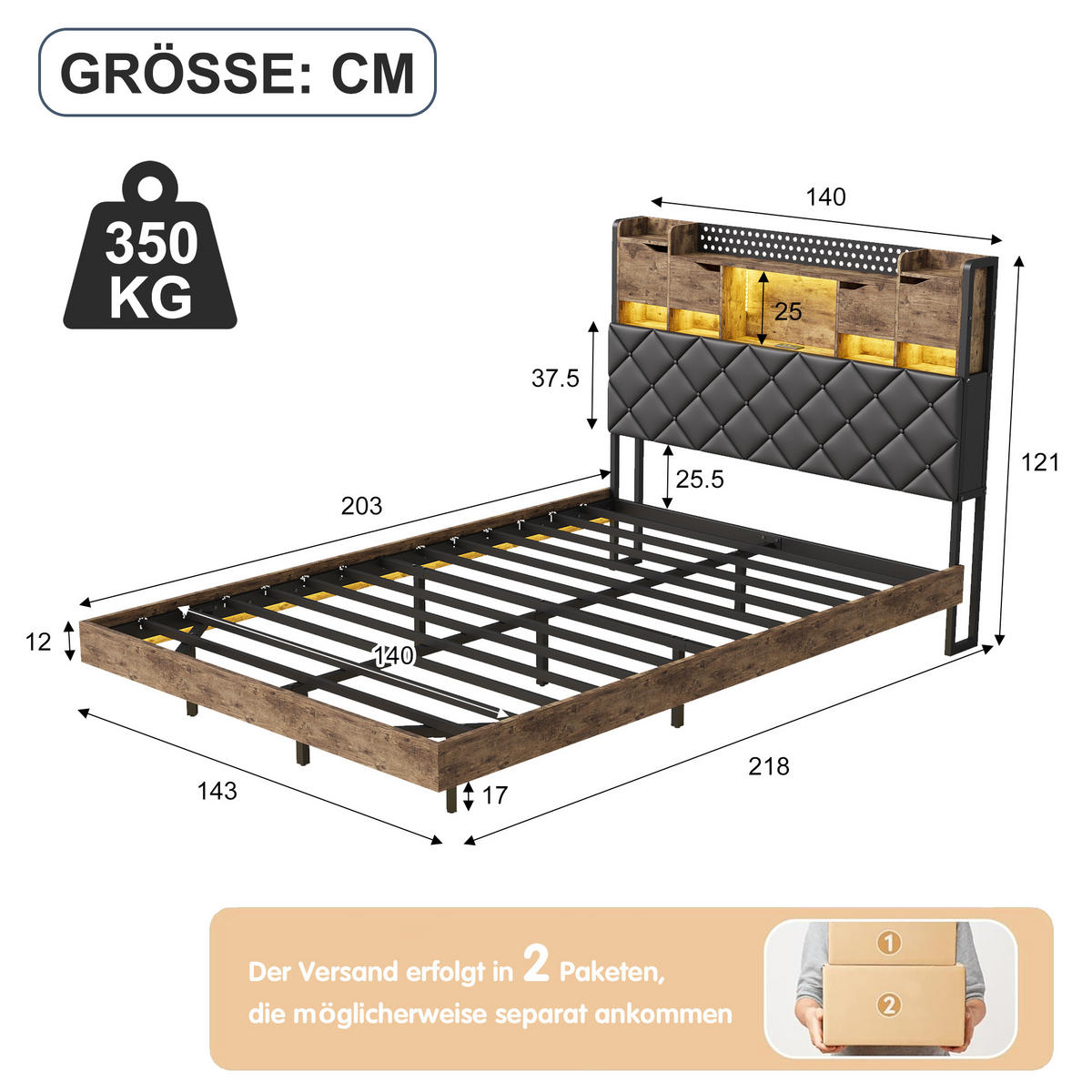 POLSTERBETT 140x200cm, LED, USB, integrierter Stauraum, modern - Schwarz, Holz - SHOPENTRA