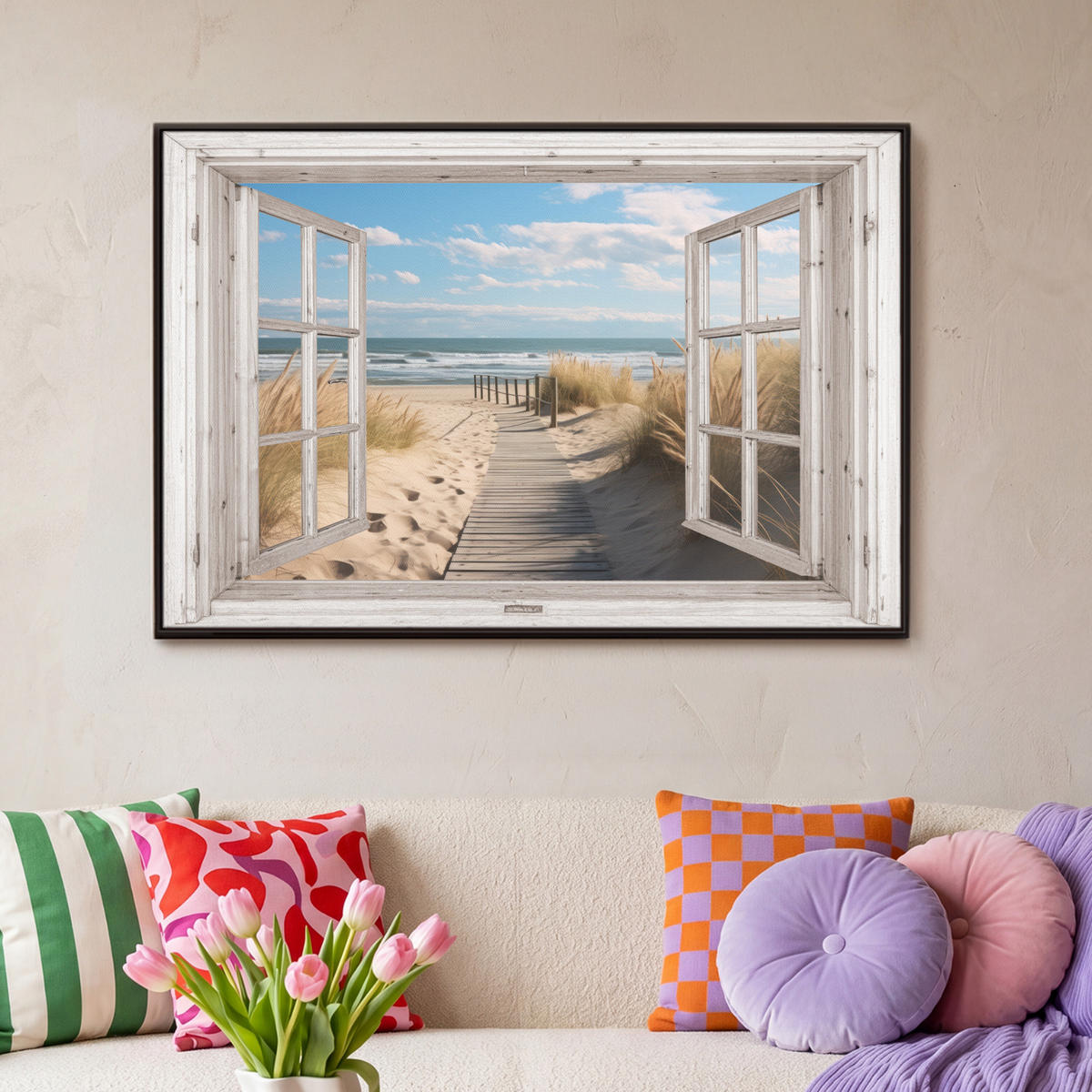 LEINWAND Bilder mit Rahmen - Fenster - Meer - Küste - Natur - Ausblick - Strand - Wattenmeer - 90x60 - Beige, Textil (90/60cm) - MuchoWow