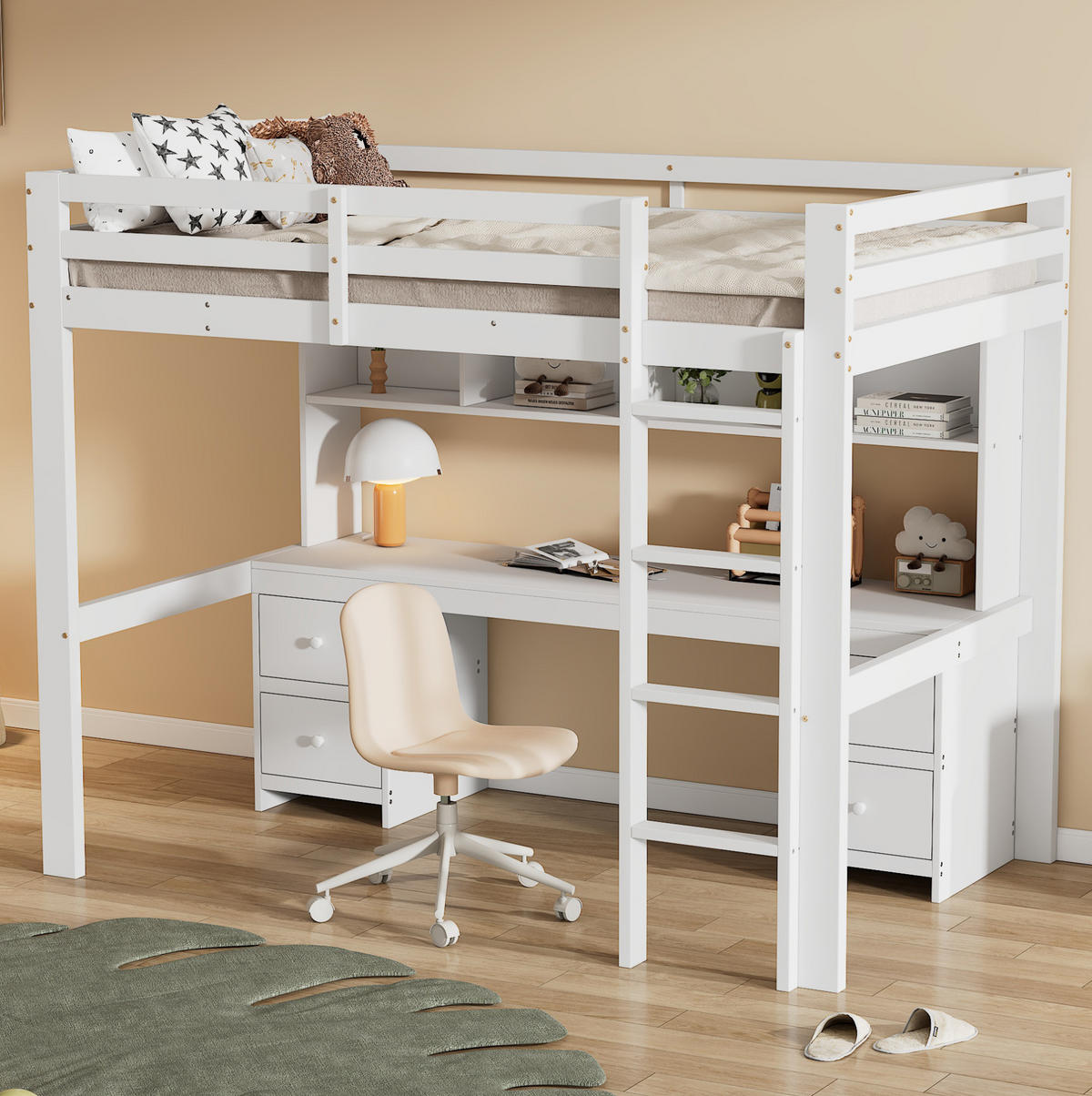 HOCHBETT 90/200 cm in Weiß – mit Schreibtisch, Stauraum und Rausfallschutz - Weiß, Holz (90/200cm) - BEAOK
