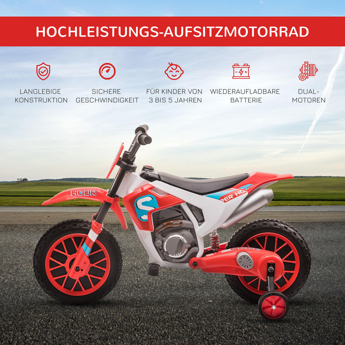 ELEKTRO KINDERMOTORRAD, Blau/Grün/ Rot, PP+ Metall - Rot, Kunststoff (106.5/51.5/68cm) - HOMCOM