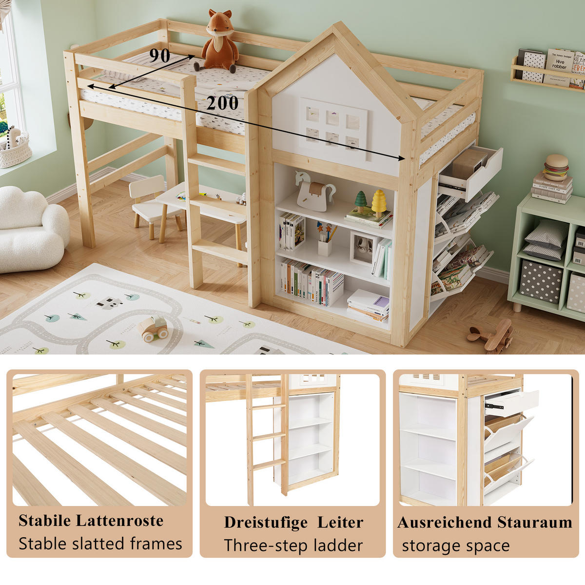 HOCHBETT 90x200 cm Kinderbett Treppe Stauraum - Weiß, Holz (90/200cm) - LEBENLANG