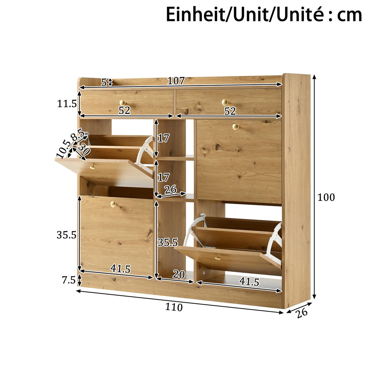 SCHUHSCHRANK aus Spanplatte 110x26x100cm in Natur mit 4 Klapptüren - Naturfarben, Holzwerkstoff (110/100/26cm) - Modfu