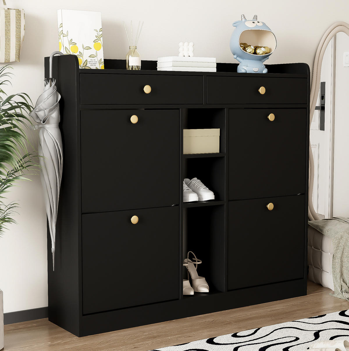 SCHUHSCHRANK mit 4 Klappen 110 x 26 x 100 cm Schwarz mit Schubladen - Schwarz, Holz (26/100/110cm) - Beauniv