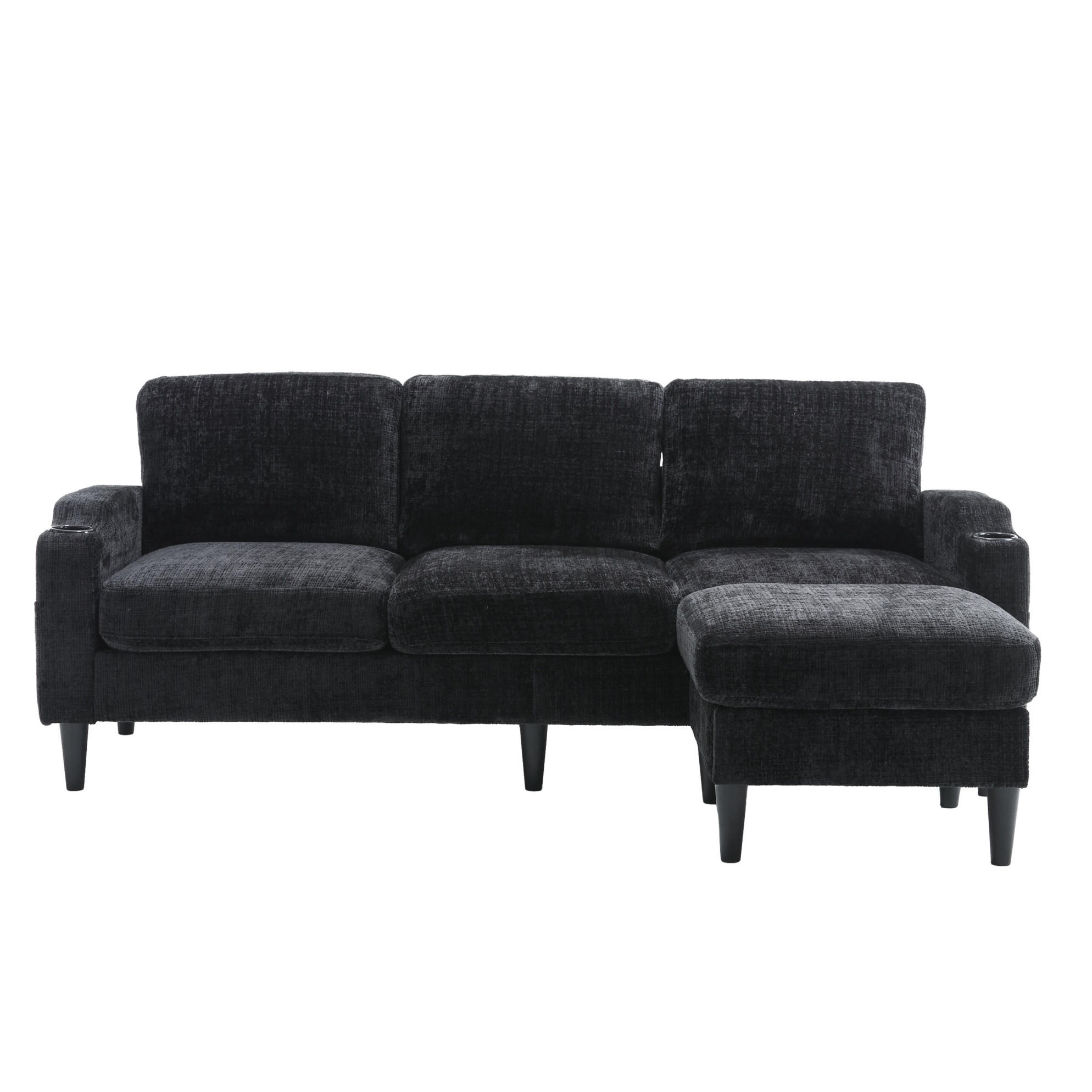 SOFA 4-Sitzer mit Hocker ca. 196,5 x 75 x 77 cm Chenille Black - Schwarz, Kunststoff (196.5/77/75cm) - Meubliv