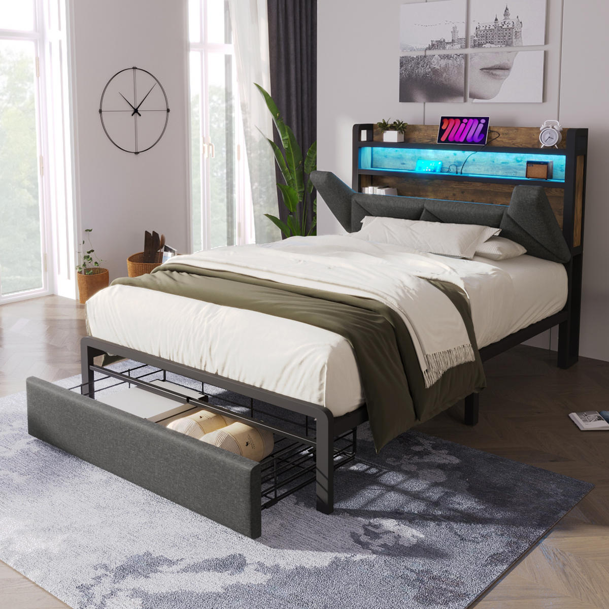MULTIFUNKTIONSBETT 90/200 cm Grau mit Stauraum-Kopfteil und LED-Beleuchtung mit Matratze - Grau, Textil (90/200cm) - OKWISH