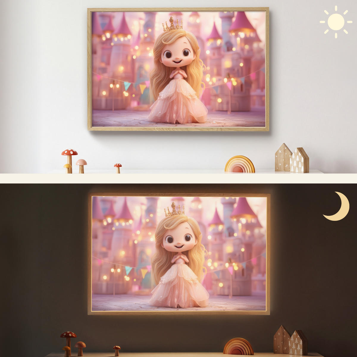 NÁSTĚNNÁ LAMPA S AKUMULÁTOREM Princezna - Růžová - Zámek 100x70 cm - růžová, kompozitní dřevo (100/70/8cm) - OnlyWow