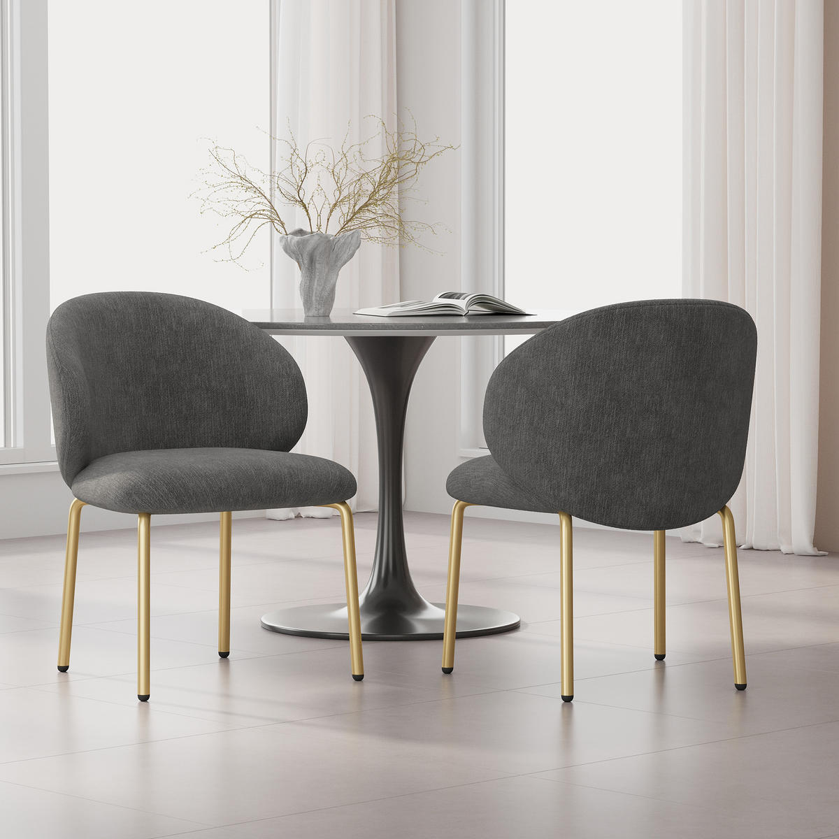 STUHLSET, 2 Esszimmerstühle, Chenille, Goldbeine, Grau - Grau, Textil (47.5/74/56cm) - FLIEKS