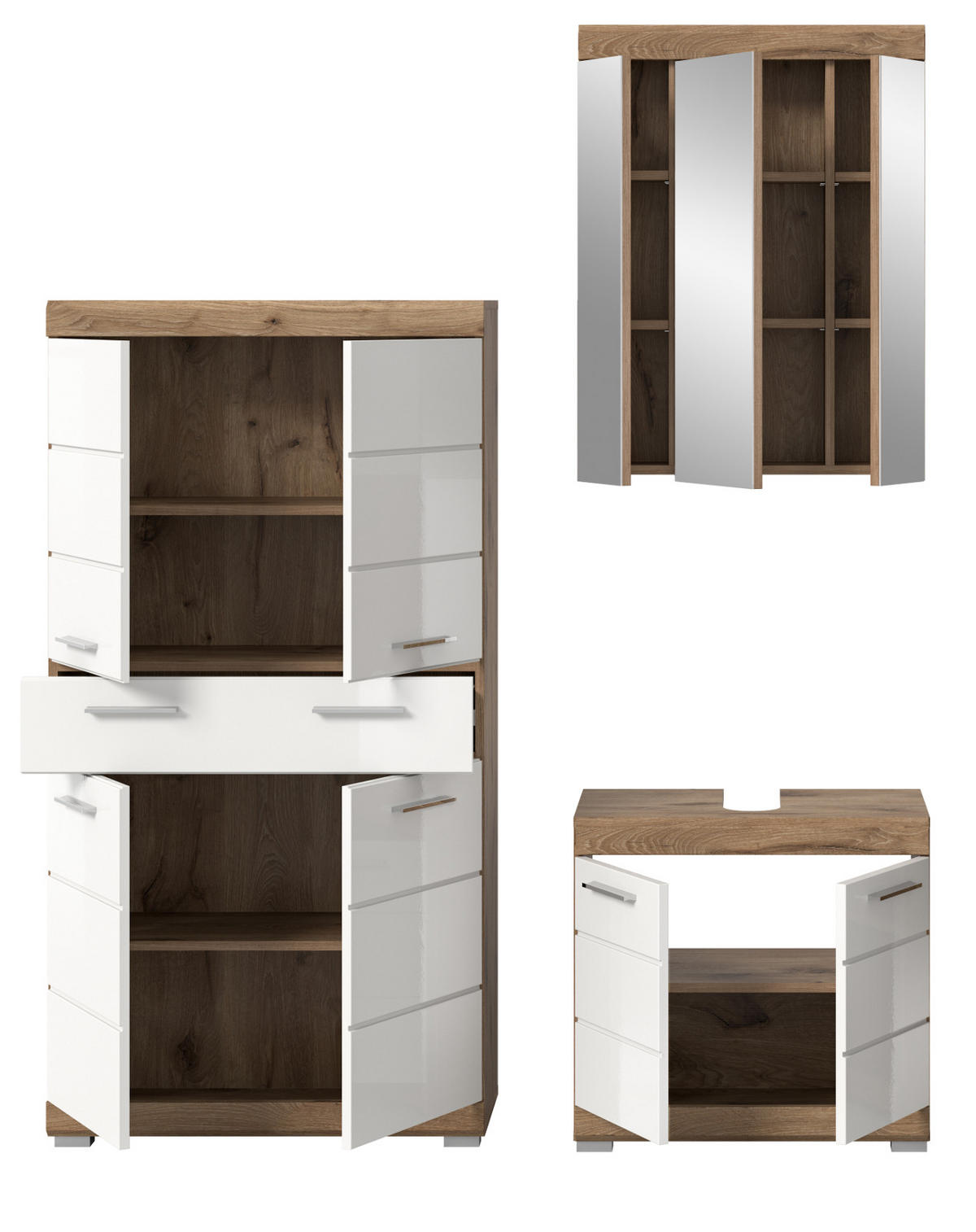 BADMÖBEL-SET weiß Hochglanz, Eiche 3-teilig 149 cm mit viel Stauraum - Weiß Hochglanz/Eichefarben, Glas/Holzwerkstoff (149/191/34cm) - Inn.Furn