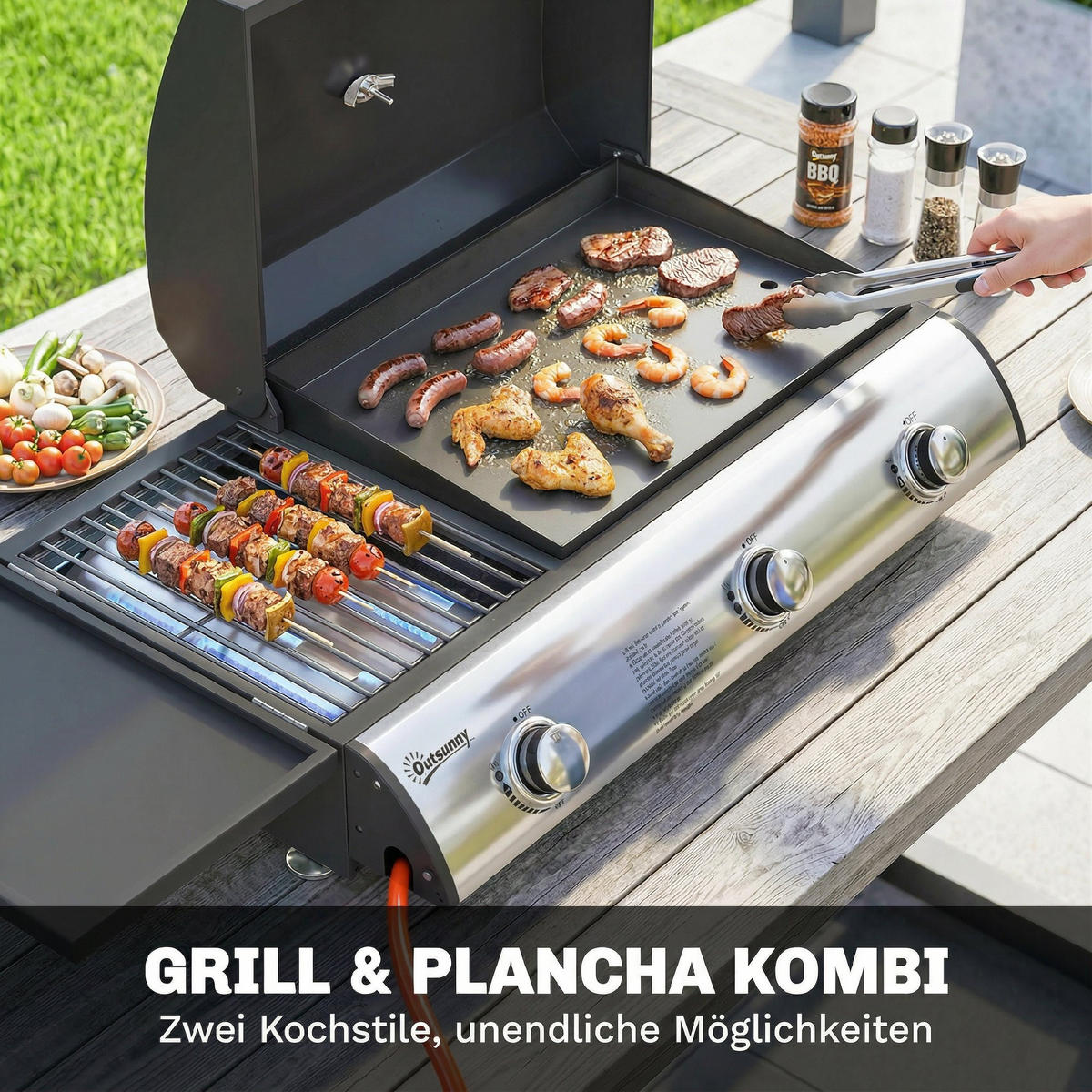 TISCHGASGRILL Metall Edelstahl Schwarz - Schwarz, Metall (47/27/77cm) - Outsunny