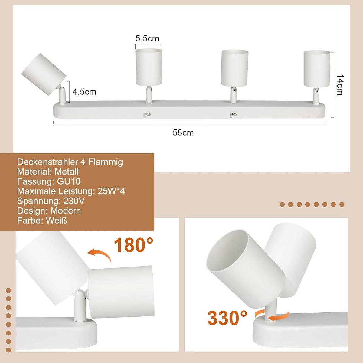 DECKENSTRAHLER Freiheit 4-flammig 58/7/14 cm - Weiß, Metall (58/7/14cm) - Nettlife