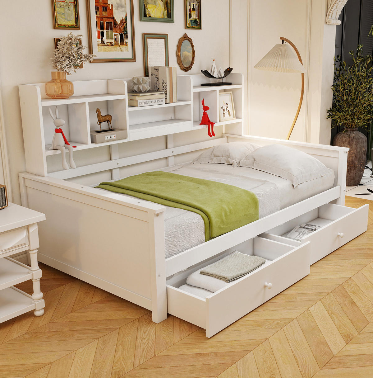 SCHLAFSOFA 90/200 cm mit 2 Schubladen, Seitenregalen und Lattenrost aus Massivholz, Weiß - Weiß, Holzwerkstoff (97/110/205cm) - Redom