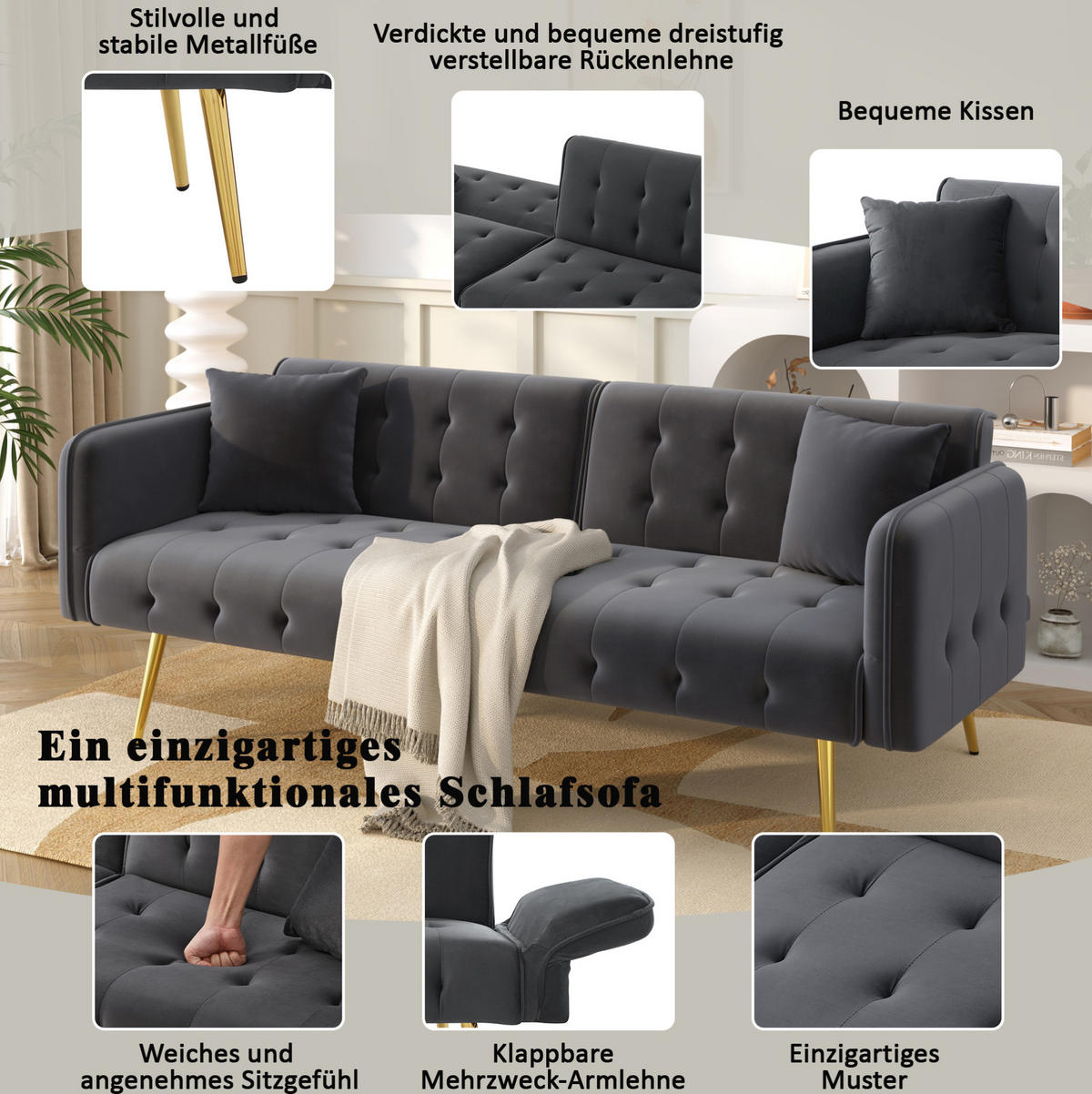 SOFABETT Zweisitzer Samt 2-in-1 mit verstellbarer Rückenlehne Antikgrau 178/82/70 cm - Grau, Textil (82/70/178cm) - Redom