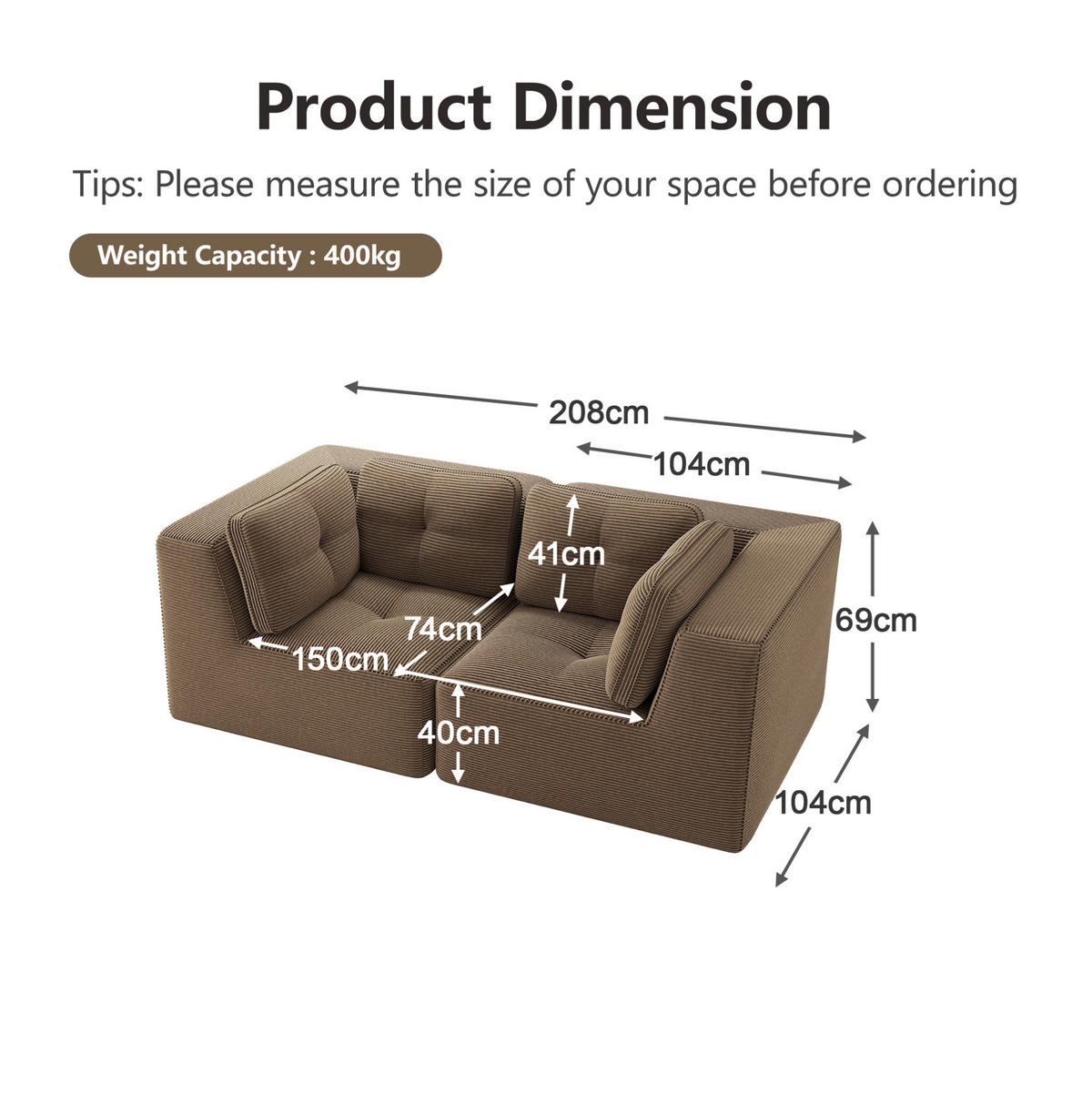 ECKSOFA modular Cord Brown - Braun, Kunststoff (104/69/208cm) - Meubliv