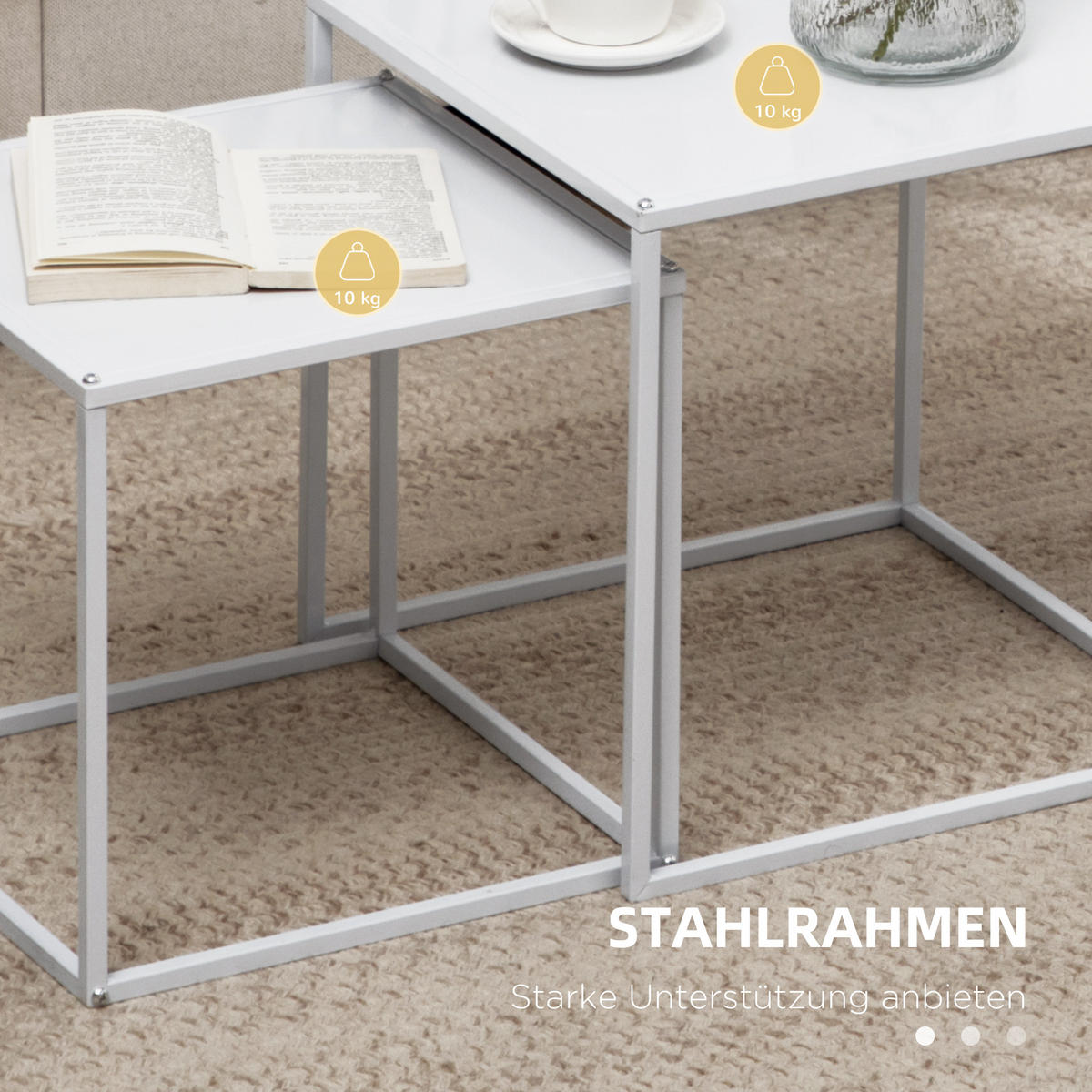 2ER-SET Couchtisch, Eckiger Beistelltisch, Kaffeetisch mit Stahlgestell Weiß - Weiß, Metall (40/40/40cm) - HOMCOM