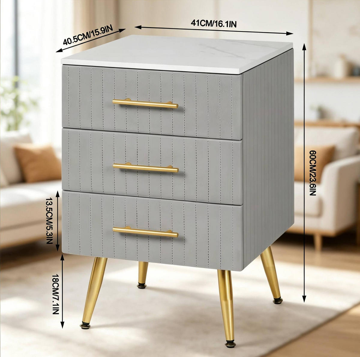 NACHTTISCH aus MDF mit Samt 41x40,5x62 cm Grau mit 3 Schubladen und goldfarbenen Metallbeinen - Grau, Holzwerkstoff (62/41/40.5cm) - Modfu