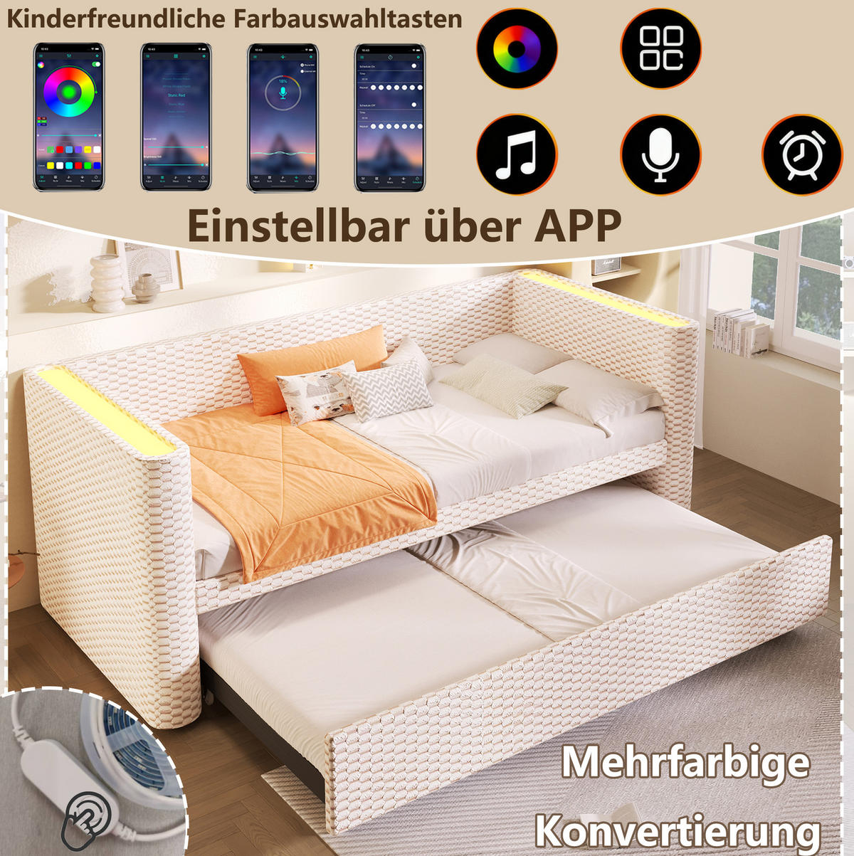 TAGESBETT aus Samt 90x200 cm Beige mit Ausziehfunktion, LED-Beleuchtung und Liegefläche 180x200 cm - Beige, Textil (90/200cm) - Modfu
