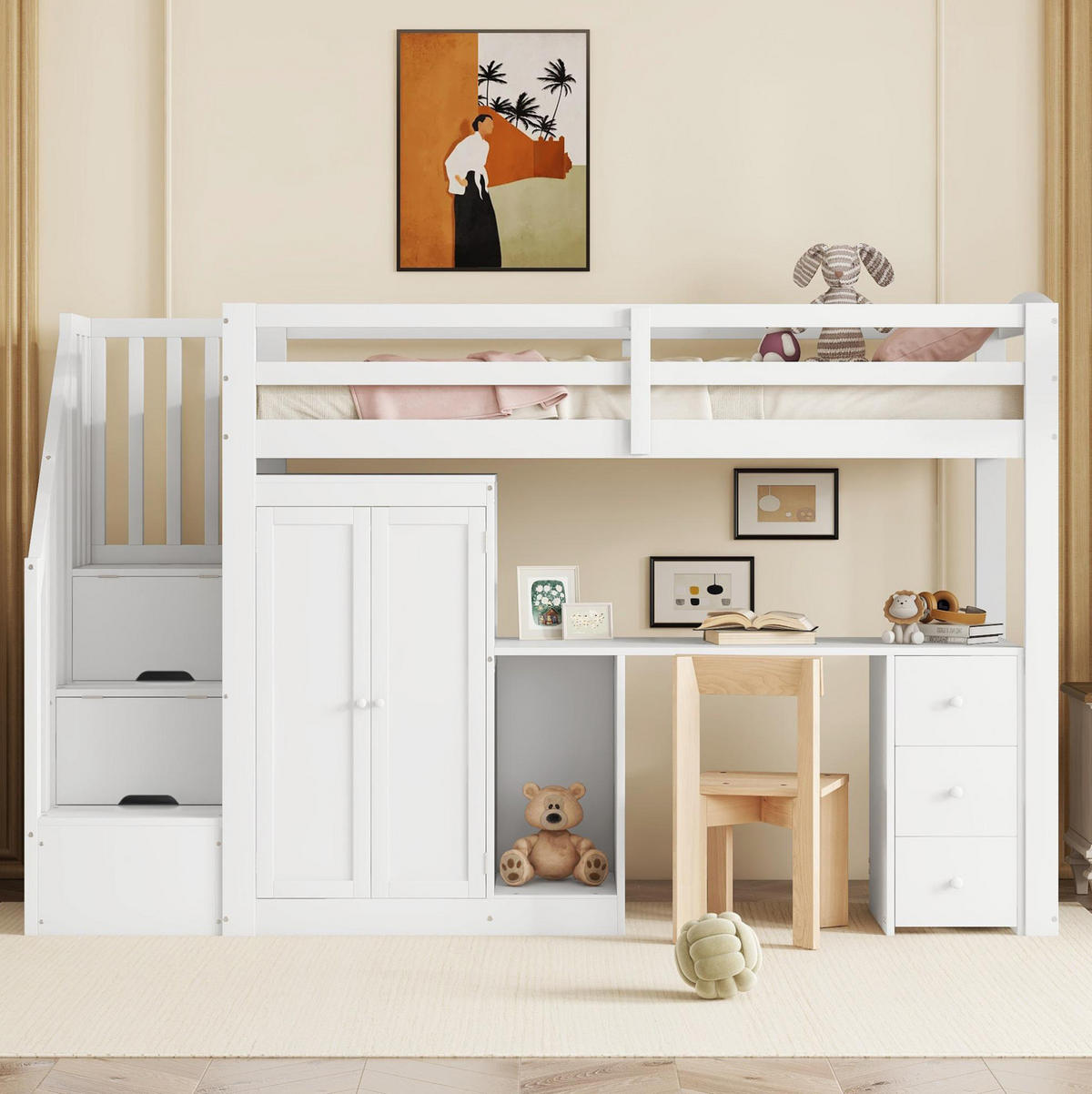 HOCHBETT 90/200 cm mit Schreibtisch, Kleiderschrank, Schubladen, Stauraumtreppe und Lattenrost aus Kiefer , Weiß - Weiß, Holzwerkstoff (90/200cm) - Redom