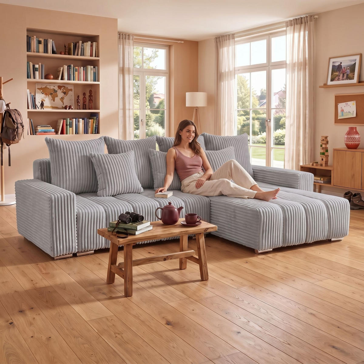 ECKSOFA PIANO L Rechts mit Schlaffunktion 137x234 Cord Grau - Silberfarben/Grau, Holz/Textil (178/278cm) - Muffo