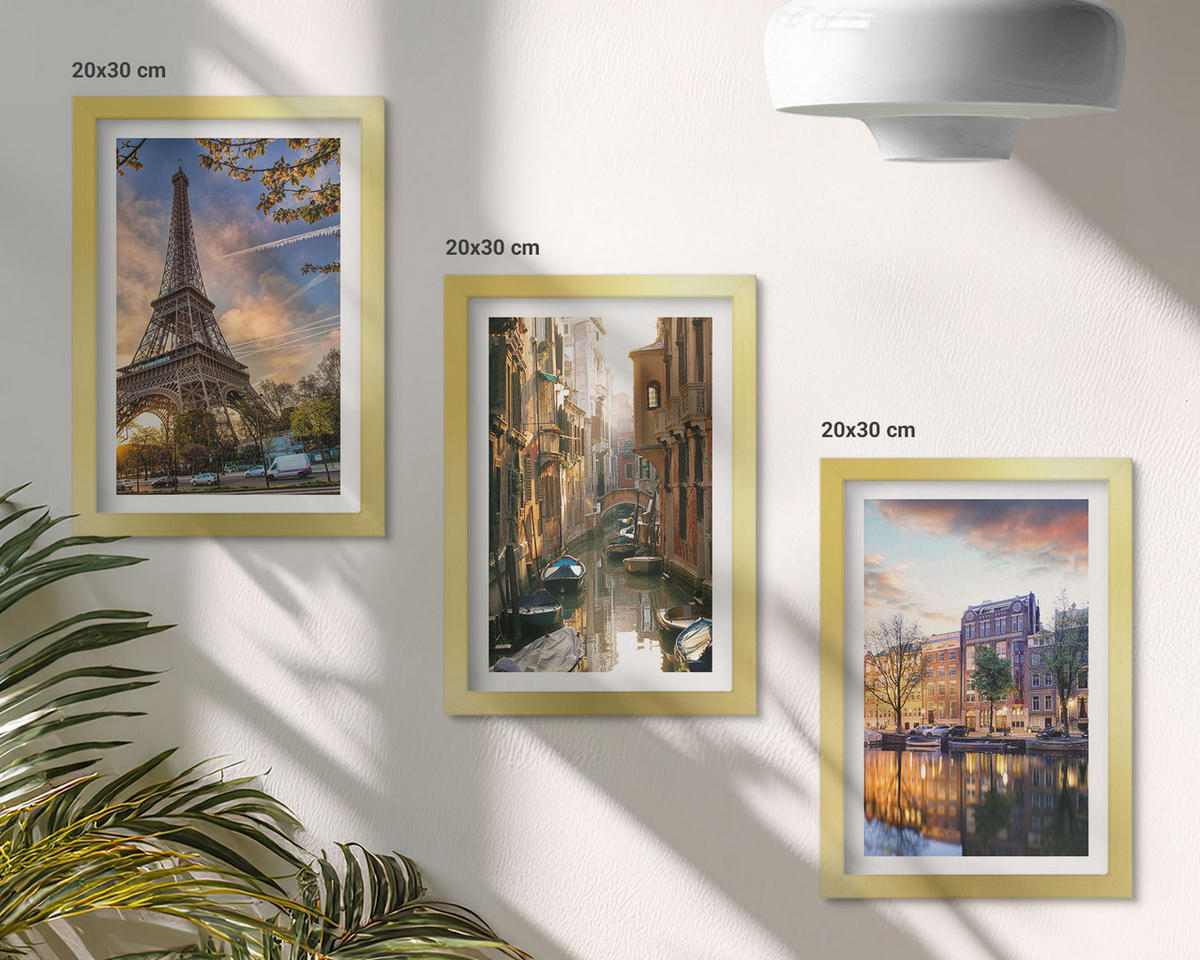 BILDER SET 3er Set - 20x30 cm Goldrahmen - Eiffelturm Venedig Amsterdamer Kanäle - Goldfarben, Kunststoff (20/30cm) - TULUP