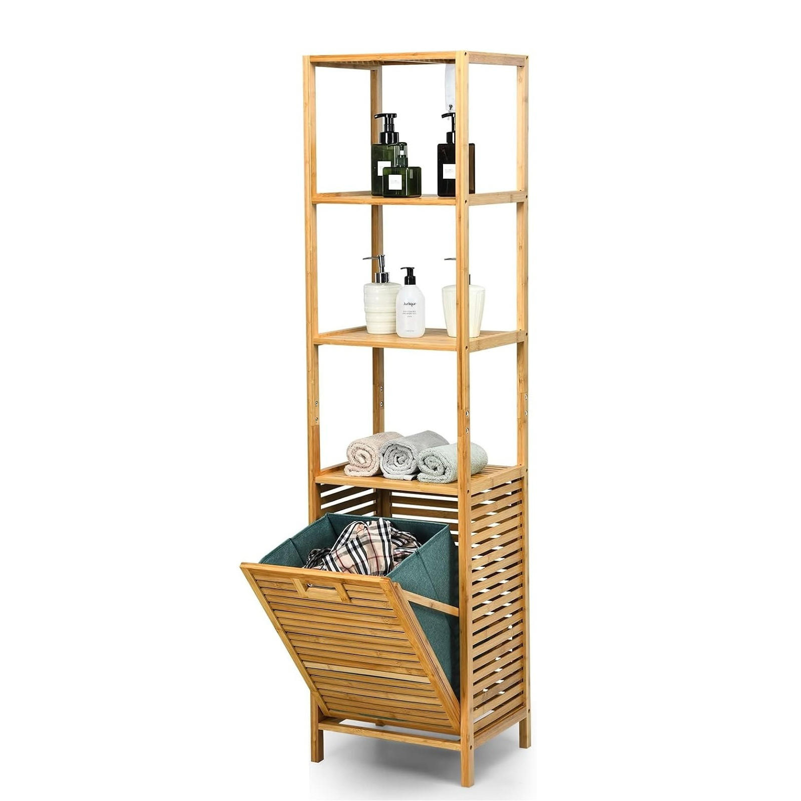 WÄSCHESCHRANK mit abnehmbarem Wäschesack & Griff natur - Naturfarben, Naturmaterialien (40/160/33cm) - COSTWAY