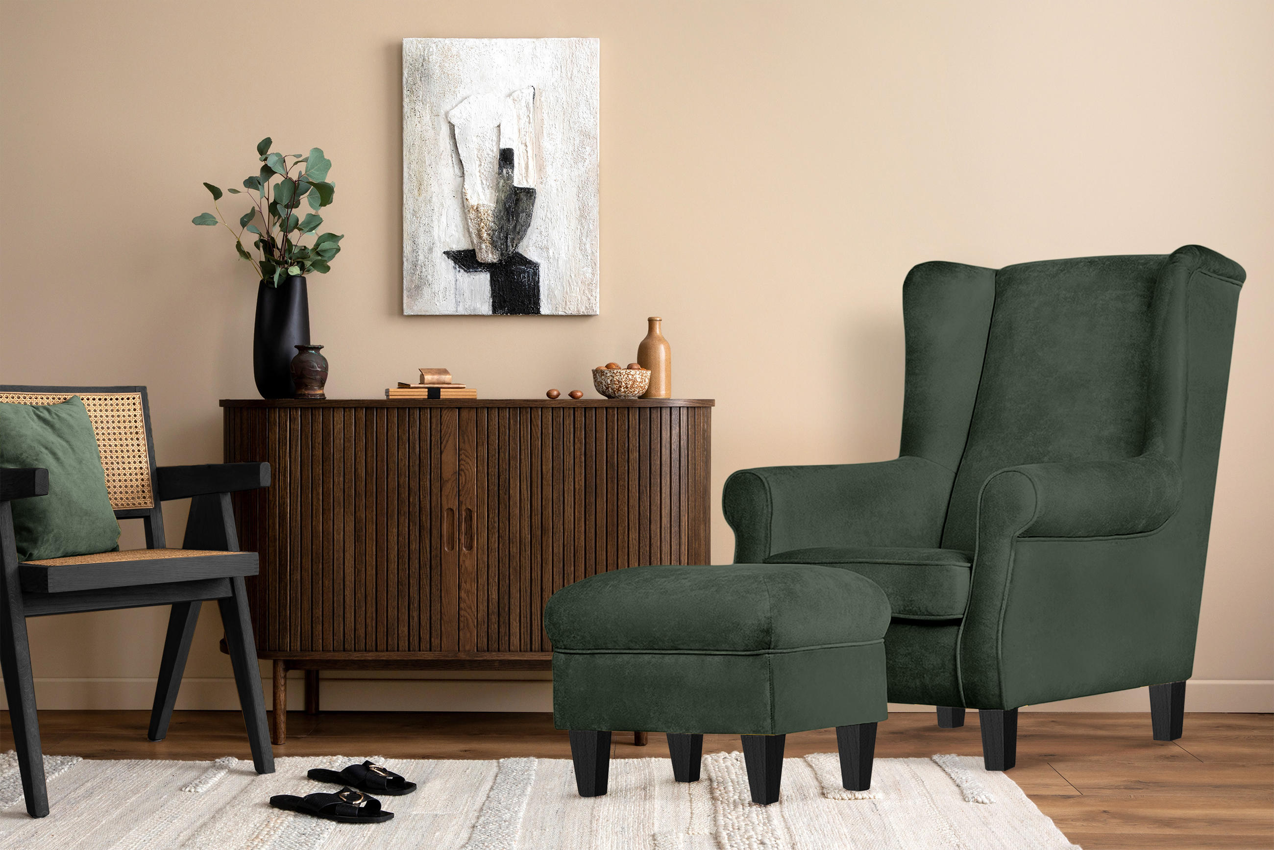 OHRENSESSEL-SET MILES inkl. Sitzhocker, Grün - Grün, Holzwerkstoff/Buchenholz (82/105/97cm) - KONSIMO®