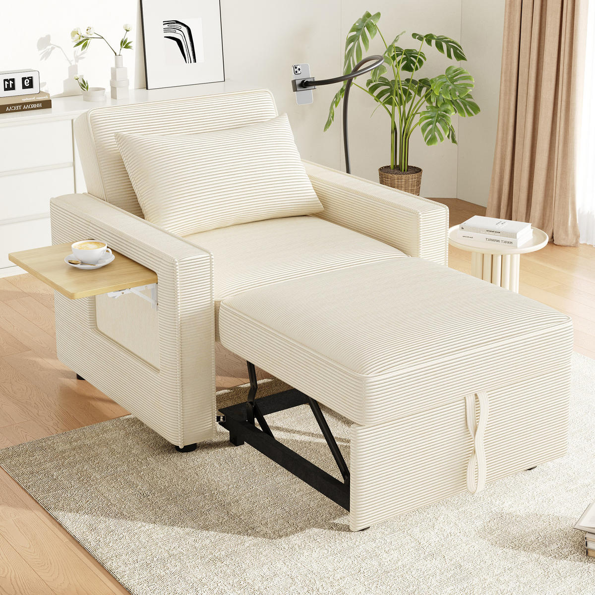RELAXSESSEL 93/78/85 cm Beige mit Klapptisch und Handyhalter - Beige, Textil (93/85/150cm) - Oxeza