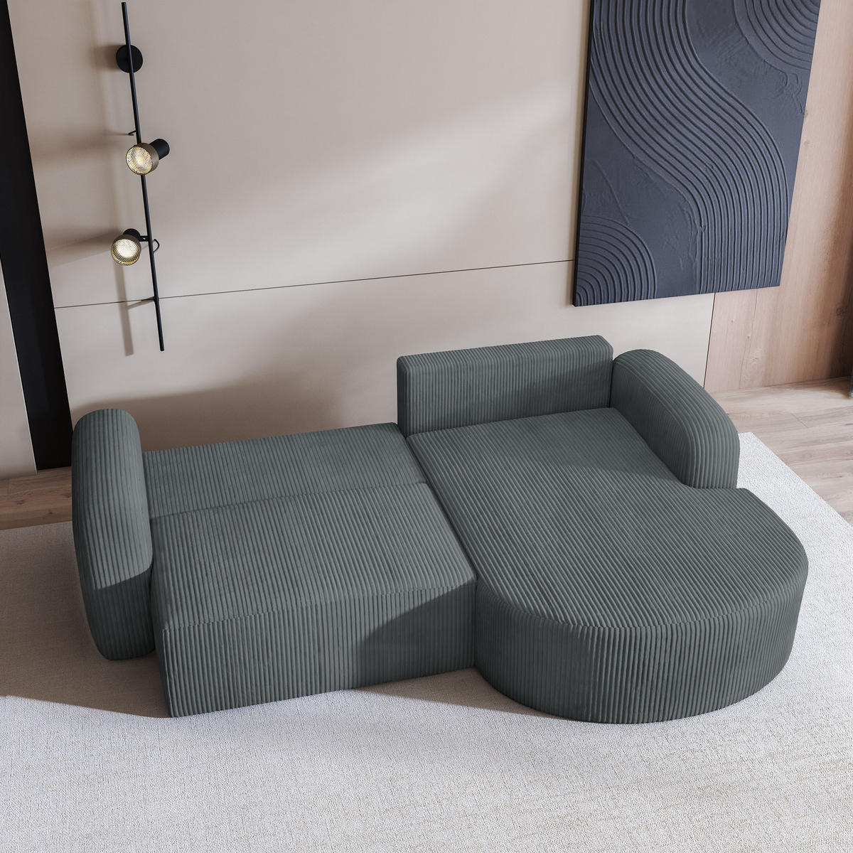 ECKSOFA AMILIA P R-S Grau Kordstoff mit Schlaffunktion - Grau, Holz (263/174cm) - MASSENO