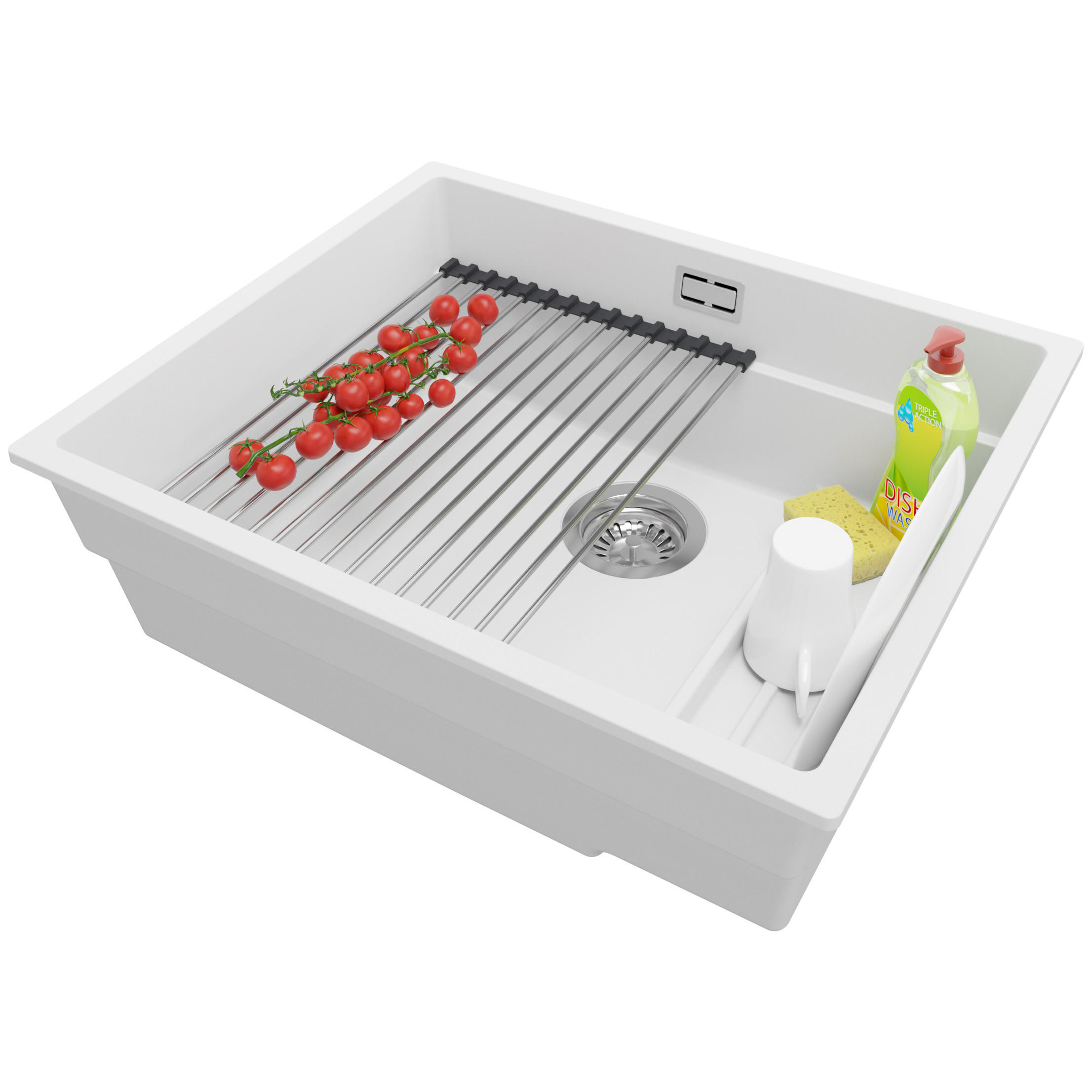 UNTERBAUSPÜLE GRANIT Praga, 2-er set Weiß 56/47 cm 1 Becken + Ablauf-Set + Aufrollbare Abtropffläche ab 60er Unterschrank - Chromfarben/Weiß, Kunststoff (56/20/47cm) - Primagran
