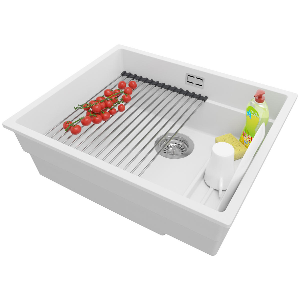 UNTERBAUSPÜLE GRANIT Praga, 2-er set Weiß 56/47 cm 1 Becken + Ablauf-Set + Aufrollbare Abtropffläche ab 60er Unterschrank - Chromfarben/Weiß, Kunststoff (56/20/47cm) - Primagran