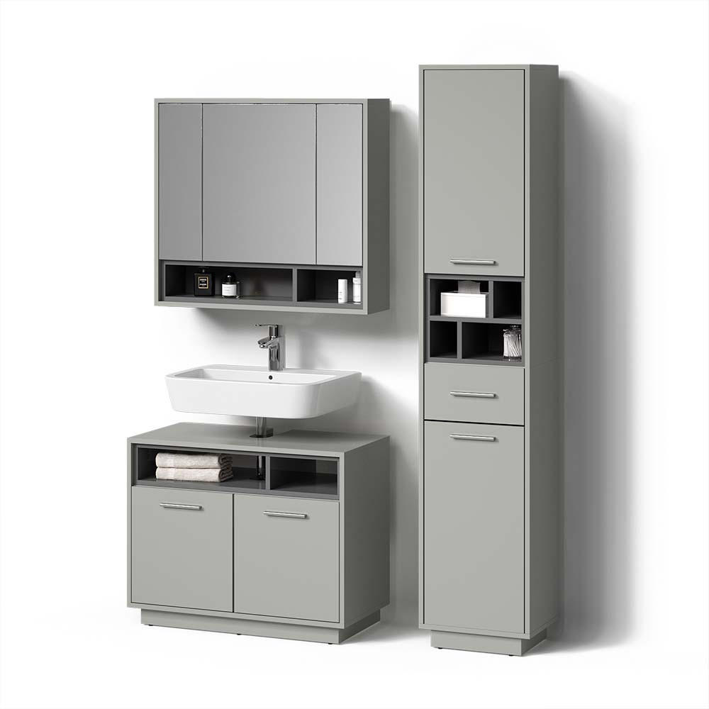 BADMÖBEL-SET Temo Grau 3 Teile, mit Hochschrank - Anthrazit/Grau, Holzwerkstoff (80/64/40cm) - Livinity®