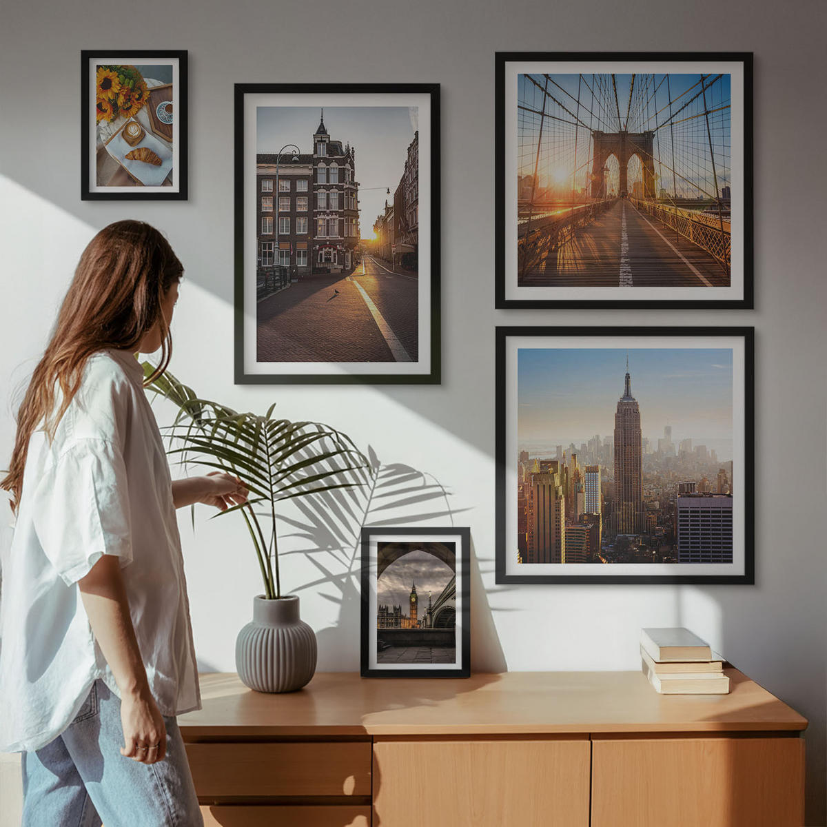 BILDER SET 5er Set - 50x50 cm & 20x30 cm & 40x60 cm Schwarzer Rahmen - Venezianische Straßen Wasserarchitektur - Schwarz, Kunststoff (40/60cm) - TULUP