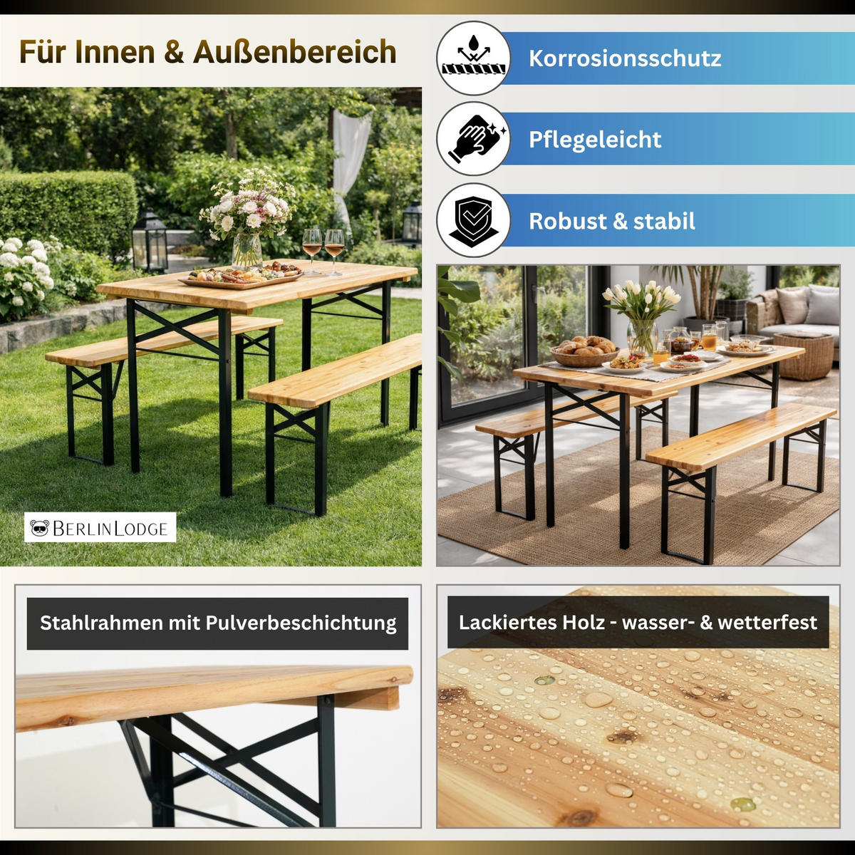 BIERZELTGARNITUR WIESN klappbar 116cm breit 3-teilig lackiertes Holz - Schwarz/Naturfarben, Holz/Metall - CHEFGASTRO