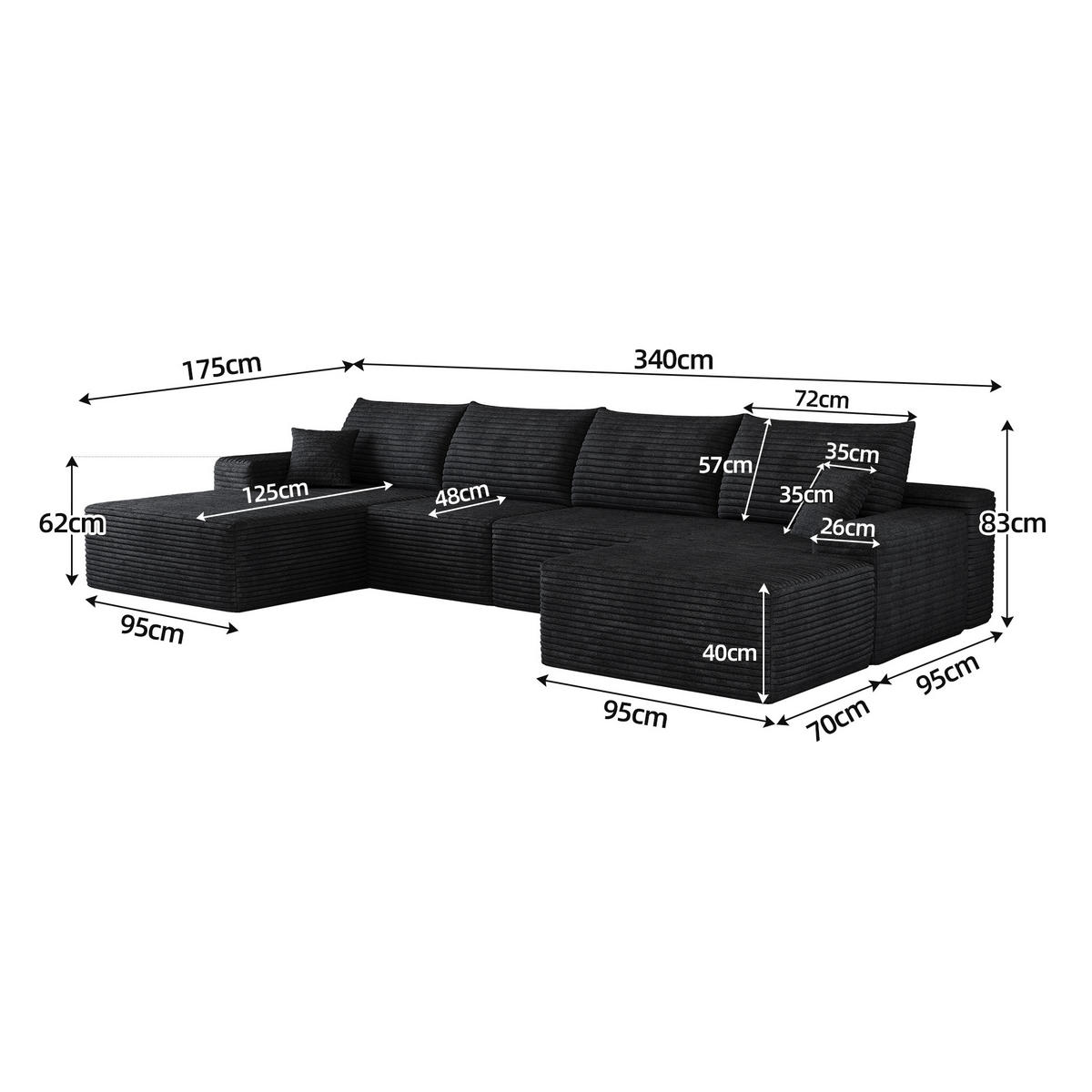 WOHNLANDSCHAFT DE-34857 U-Form 3-Sitzer Chaiselongue links Schwarz - Schwarz, Textil (175/83/270cm) - ComfortXL