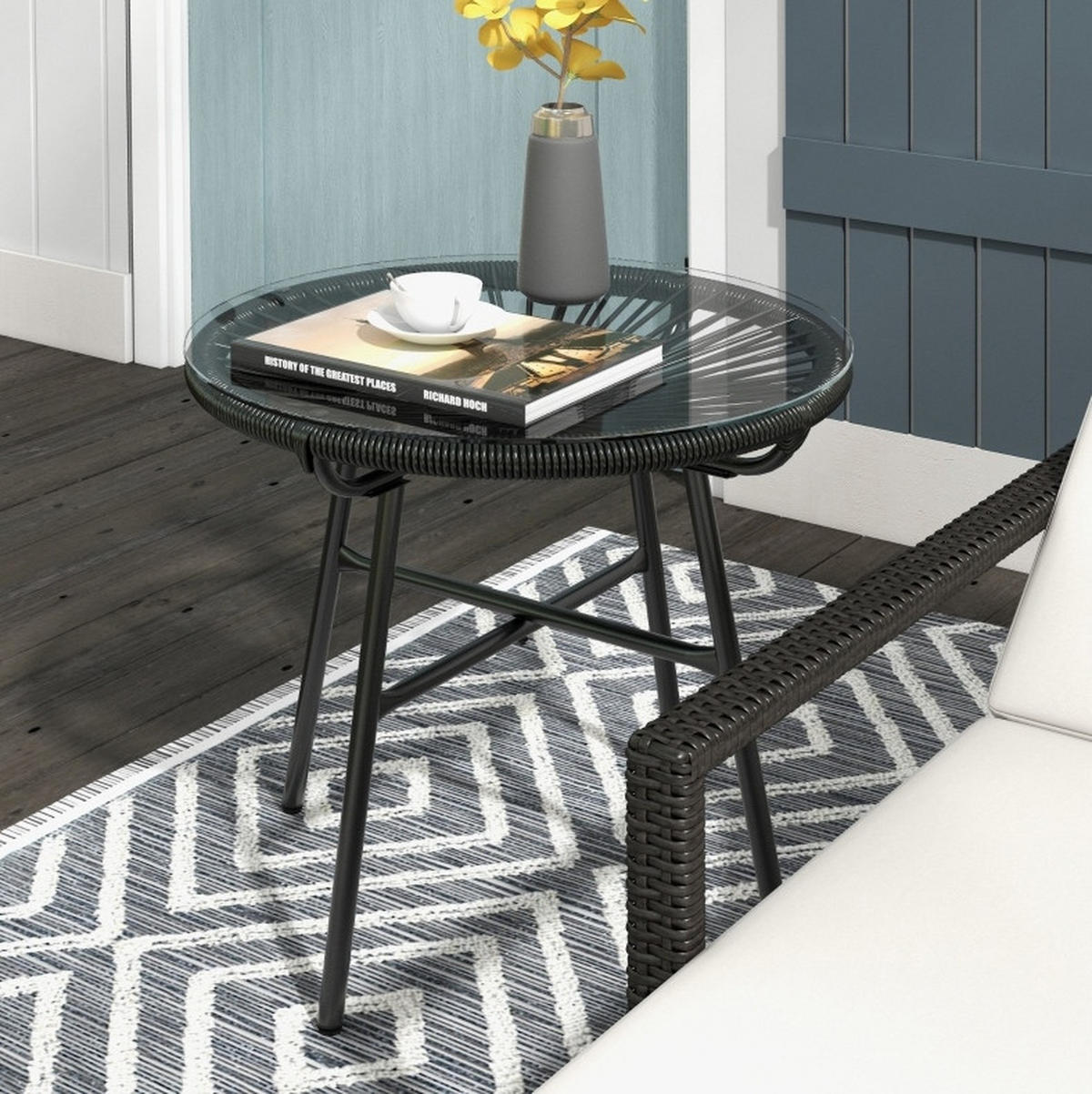 BEISTELLTISCH aus PE-Rattan 50x50x50 cm Schwarz mit gehärteter Glasplatte im Boho-Stil - Schwarz, Kunststoff (50/50/50cm) - Modfu