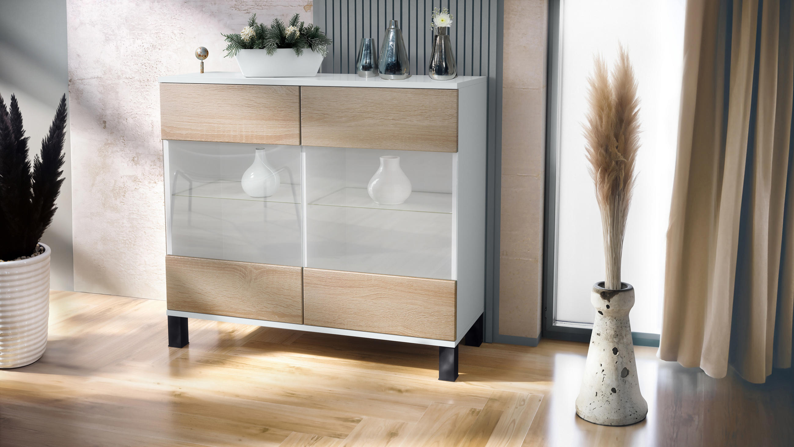KOMMODE Bari Eiche sägerau - Eiche San Remo, Holzwerkstoff (92.5/84.5/35cm) - Vladon