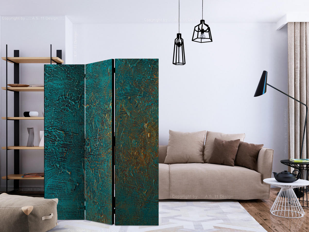PARAVENT Einseitig Bedruckter 3-tlg 135x172 cm Azurblauer Spiegel Beton - Blau, Holz/Textil (135/172/3cm) - Muralo