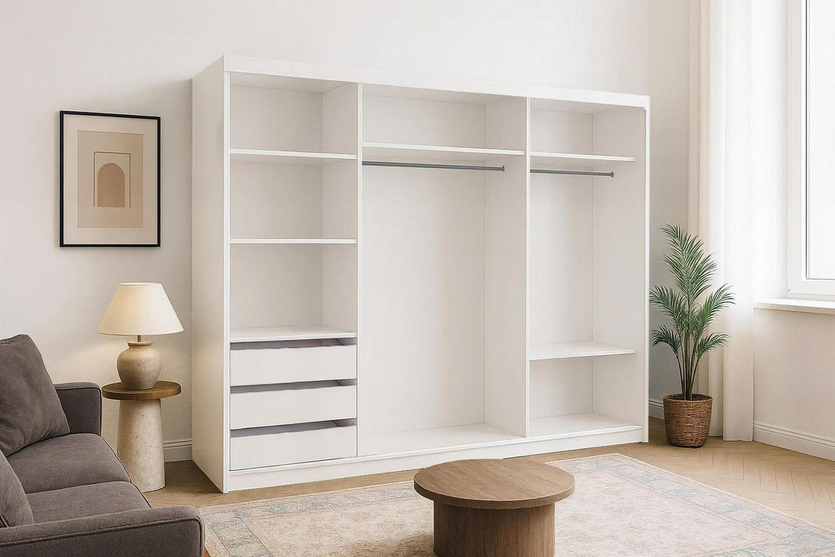 KLEIDERSCHRANK Karo 250 Weiß, dreitüriger Schiebeschrank mit Spiegel - Weiß, Holzwerkstoff (250/216/62cm) - Bettso