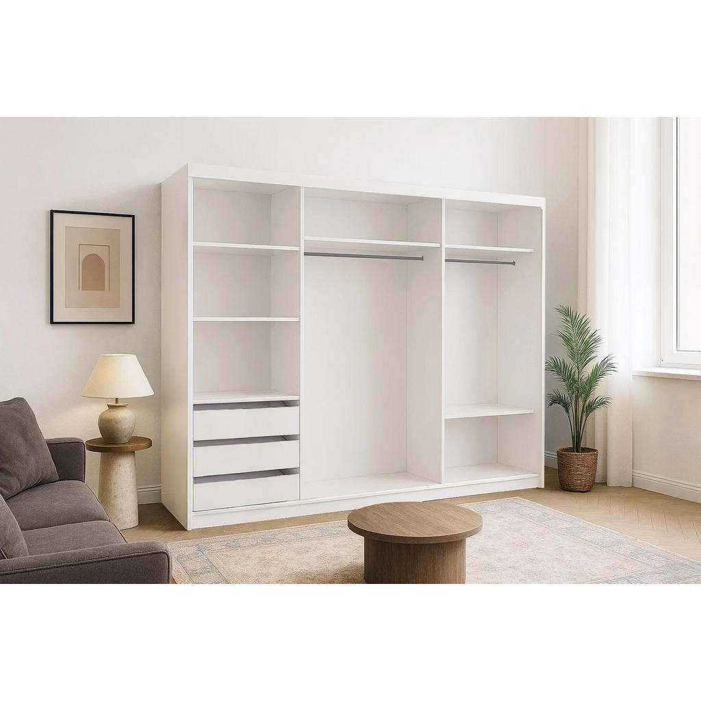 Thumbnail - Bettso Kleiderschrank, Weiß, Holzwerkstoff, 5 Fächer, 3 Schubladen, 250x216x62 cm, Schlafzimmer, Kleiderschränke, Schweb...