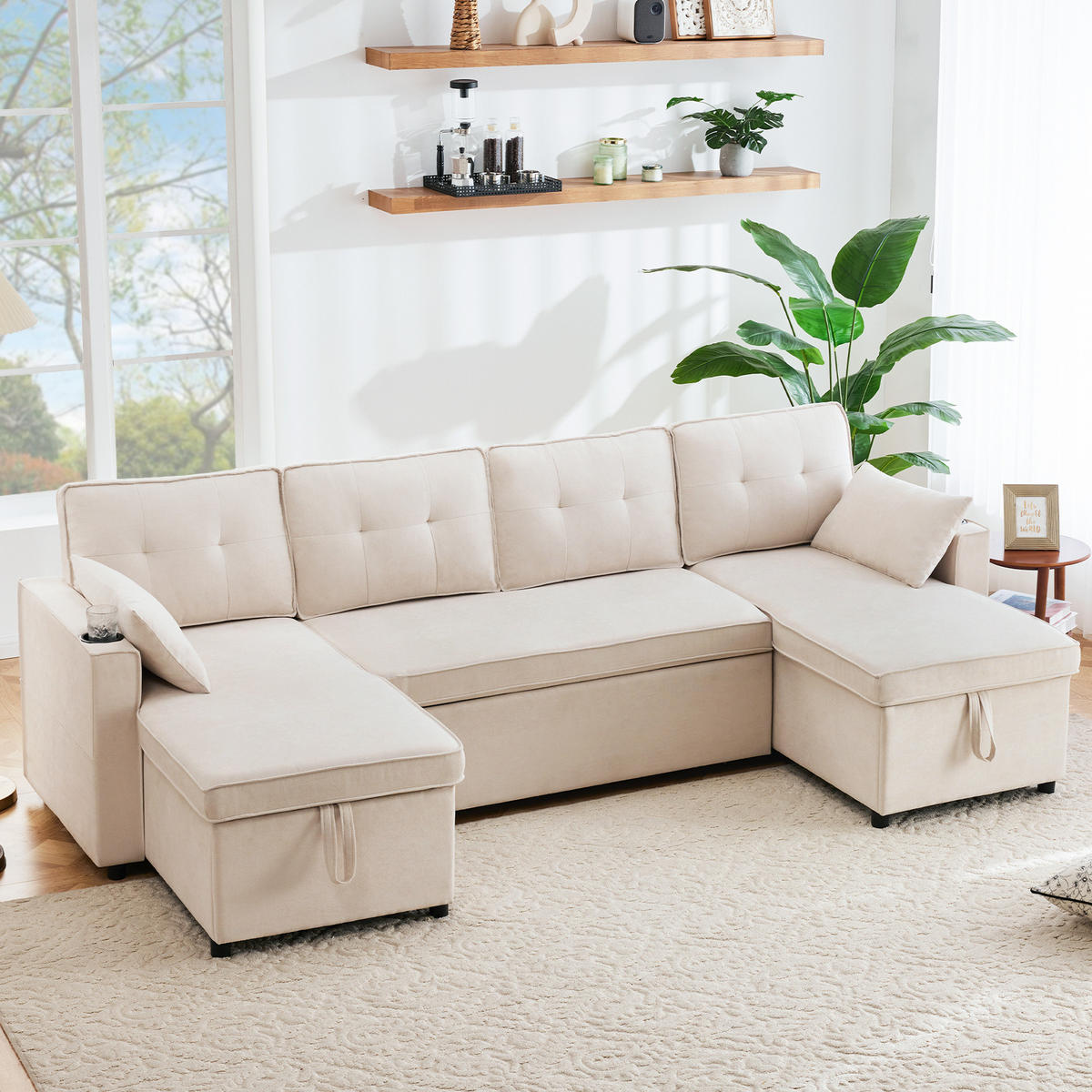 SCHLAFSOFA U-Form, Baumwoll-Leinenstoff mit Stauraum & Getränkehaltern, 270/130/86 cm, Beige - Beige, Textil (130/86/270cm) - Redom