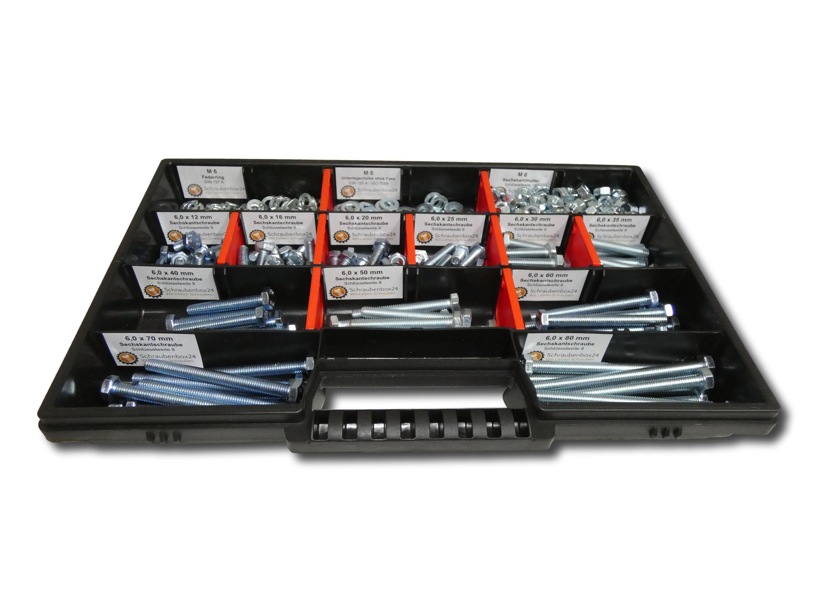 SCHRAUBENSET mit Sechskantschrauben, Muttern, Unterlegscheiben und Federringen M6 // 12mm-80mm 480 tlg - Zinkfarben, Metall (6/3.5cm) - Schraubenbox24