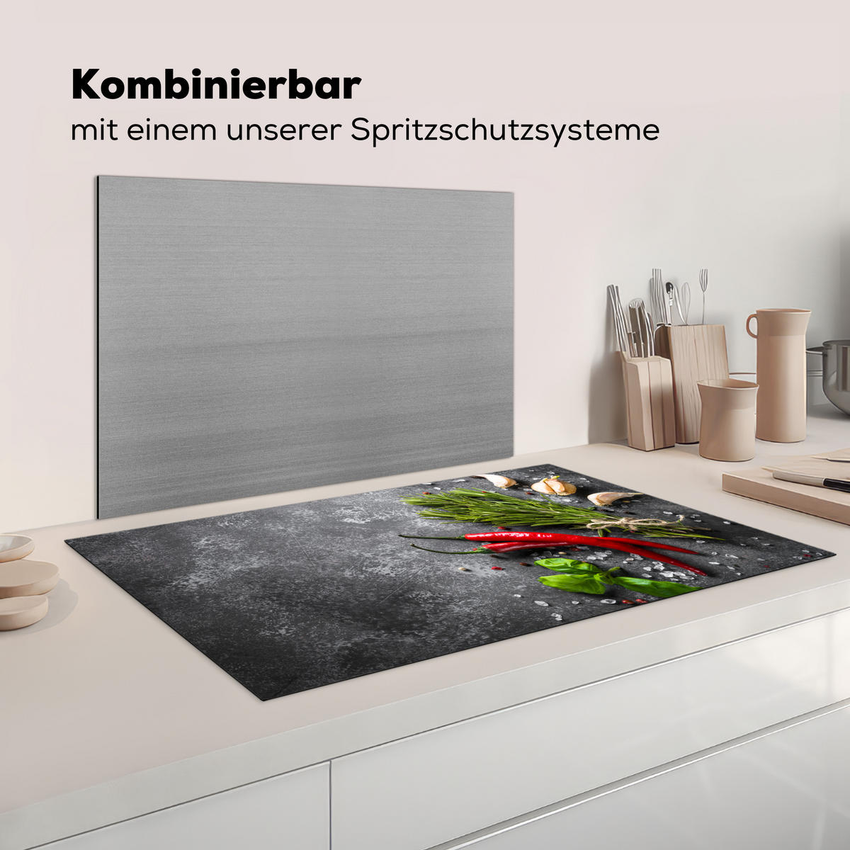 HERDABDECKPLATTE Pfeffer - Kräuter - Gewürze - Beton Induktionsschutz 89.6x51.6 cm - Rot, Kunststoff (89.6/51.6/0.2cm) - MuchoWow
