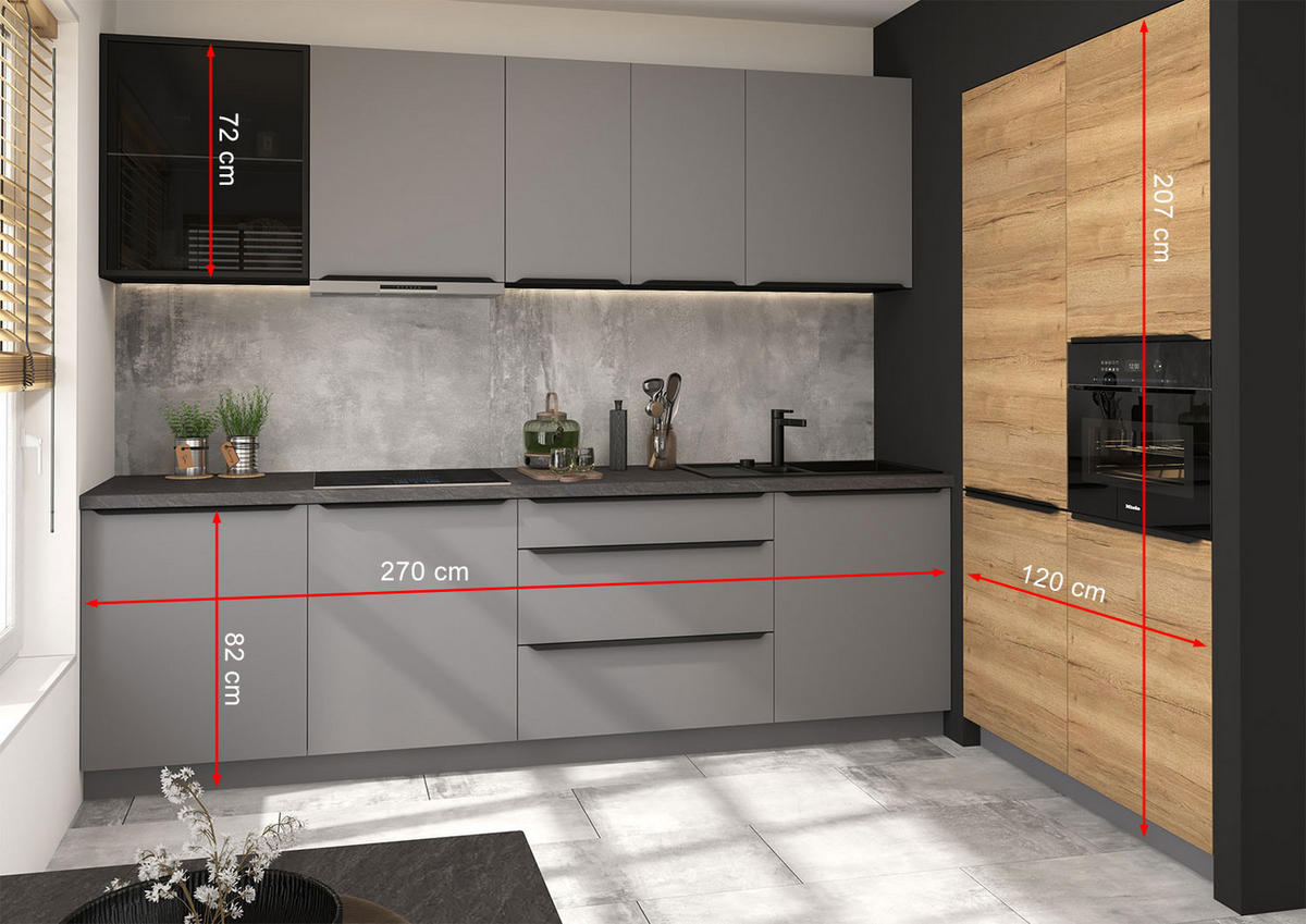 KÜCHENLEERBLOCK Bonn-Malmo dust grey matt / Halifax / lava matt 390 / 60 / 207cm mit Teilauszug (Blum Metabox) - Braun/Grau, Holzwerkstoff/Metall (390/207/60cm) - Feldmann-Wohnen