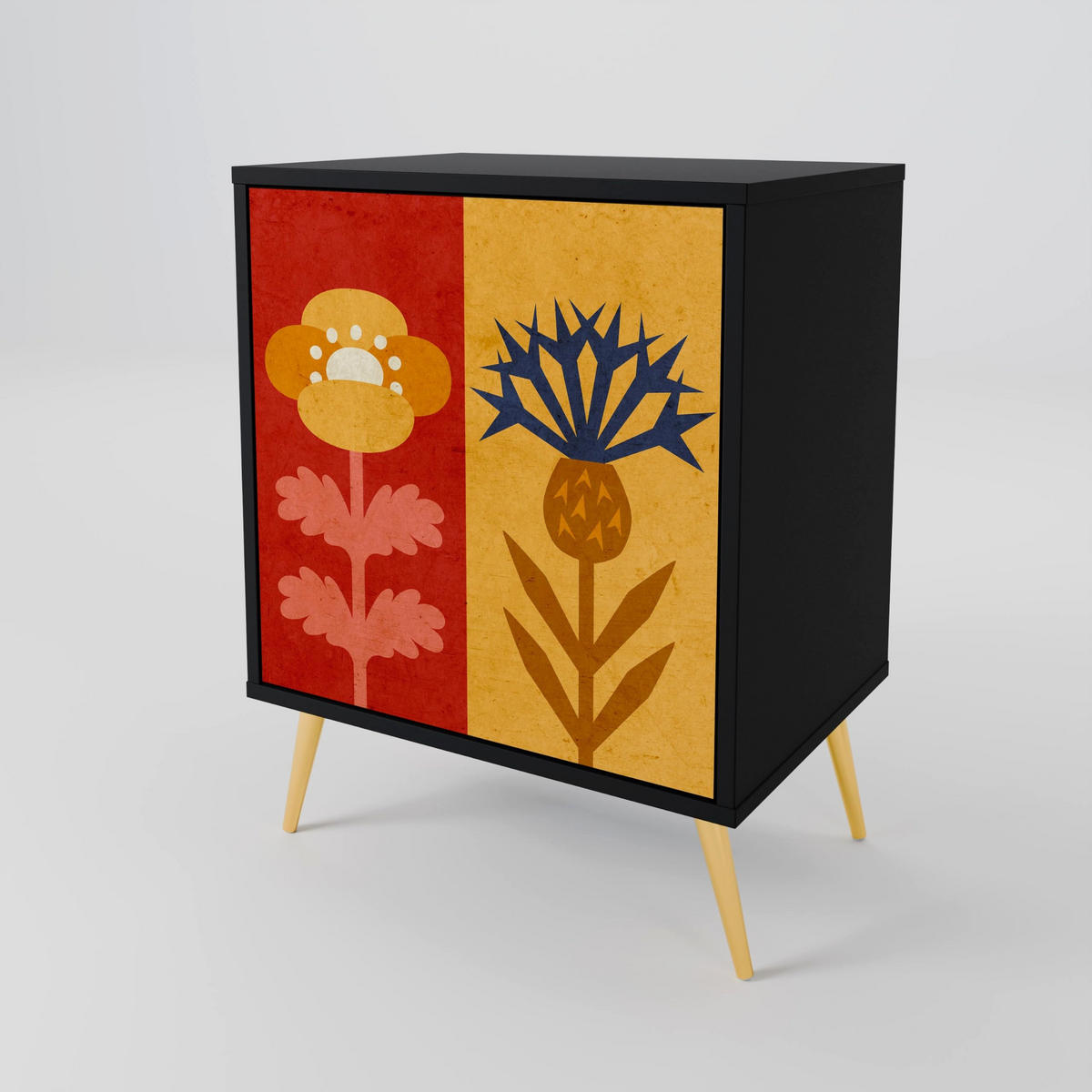 SIDEBOARD SCANDIC FLOWERET, Schwarz, 57,5x42x72,5 cm, Schwarze Metallfüße - Multicolor/Schwarz, Holzwerkstoff/Metall (57.5/72.5/42cm) - SpaceRebels