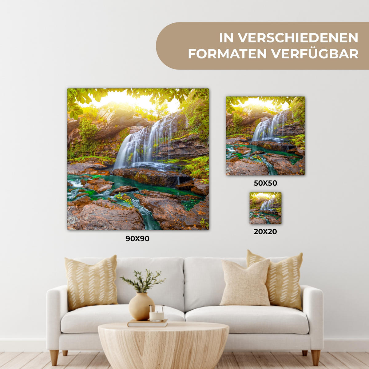 LEINWANDBILD Natur - Wasserfall - Pflanzen - Bäume - Sonne 90x90 cm - Olivgrün, Textil (90/90cm) - MuchoWow