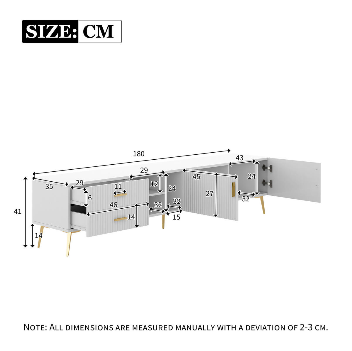TV stolek 180/35/41 cm pro TV do 80 palců, se 2 zásuvkami a 2 dvířky, z MDF, Bílá - bílá, kompozitní dřevo (180/41/35cm) - Redom