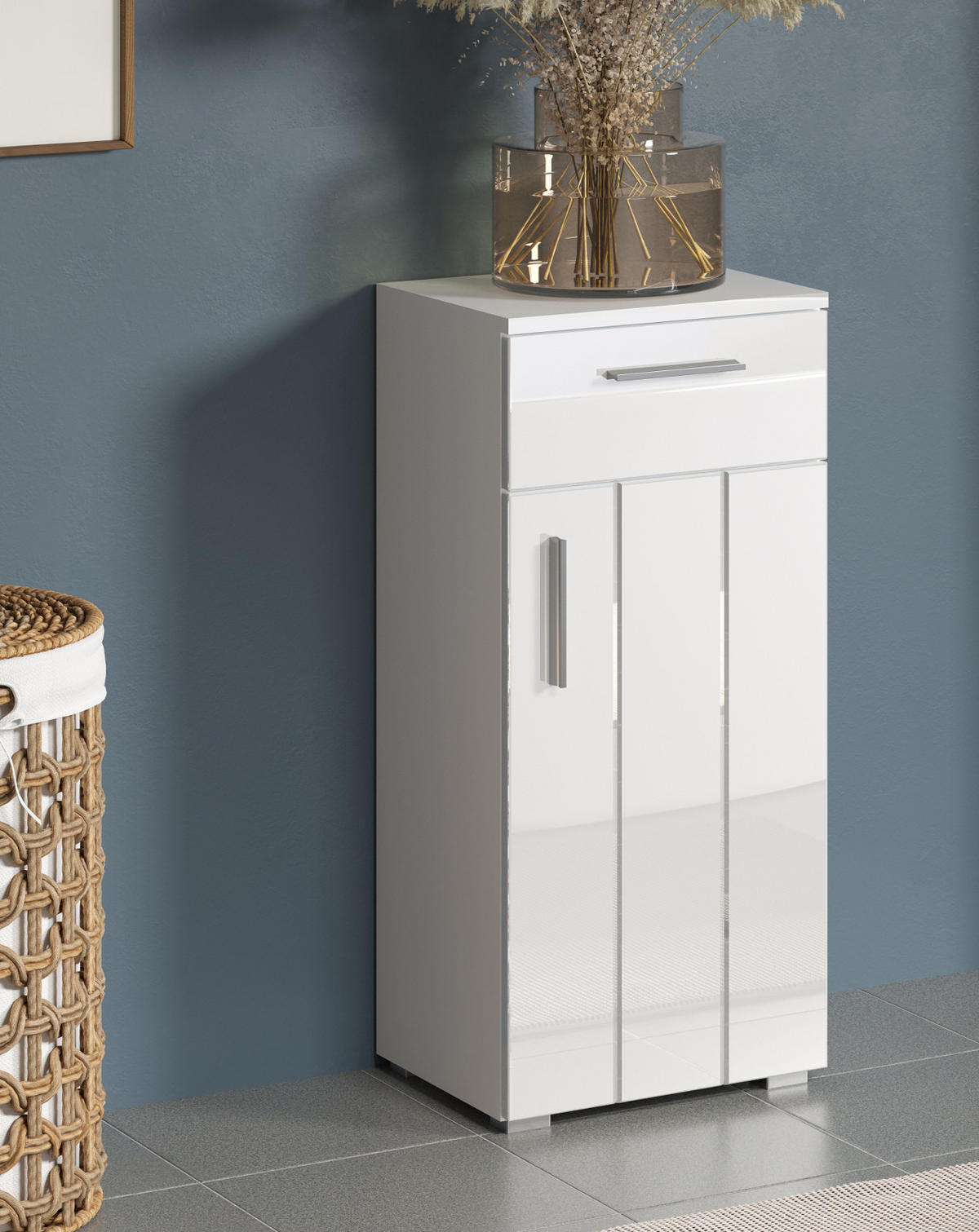 KOMMODE weiß Hochglanz 37 x 83 cm, Badschrank in modernem Design - Weiß Hochglanz/Silberfarben, Holzwerkstoff/Kunststoff (37/83/31cm) - Top.Furn