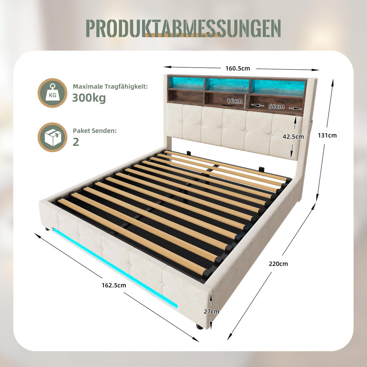 POLSTERBETT 160/200 cm in Beige mit 6 Fächern, Seitentaschen, USB-C, LED und Bettkasten aus Samt - Beige, Holzwerkstoff/Textil - STILVORA