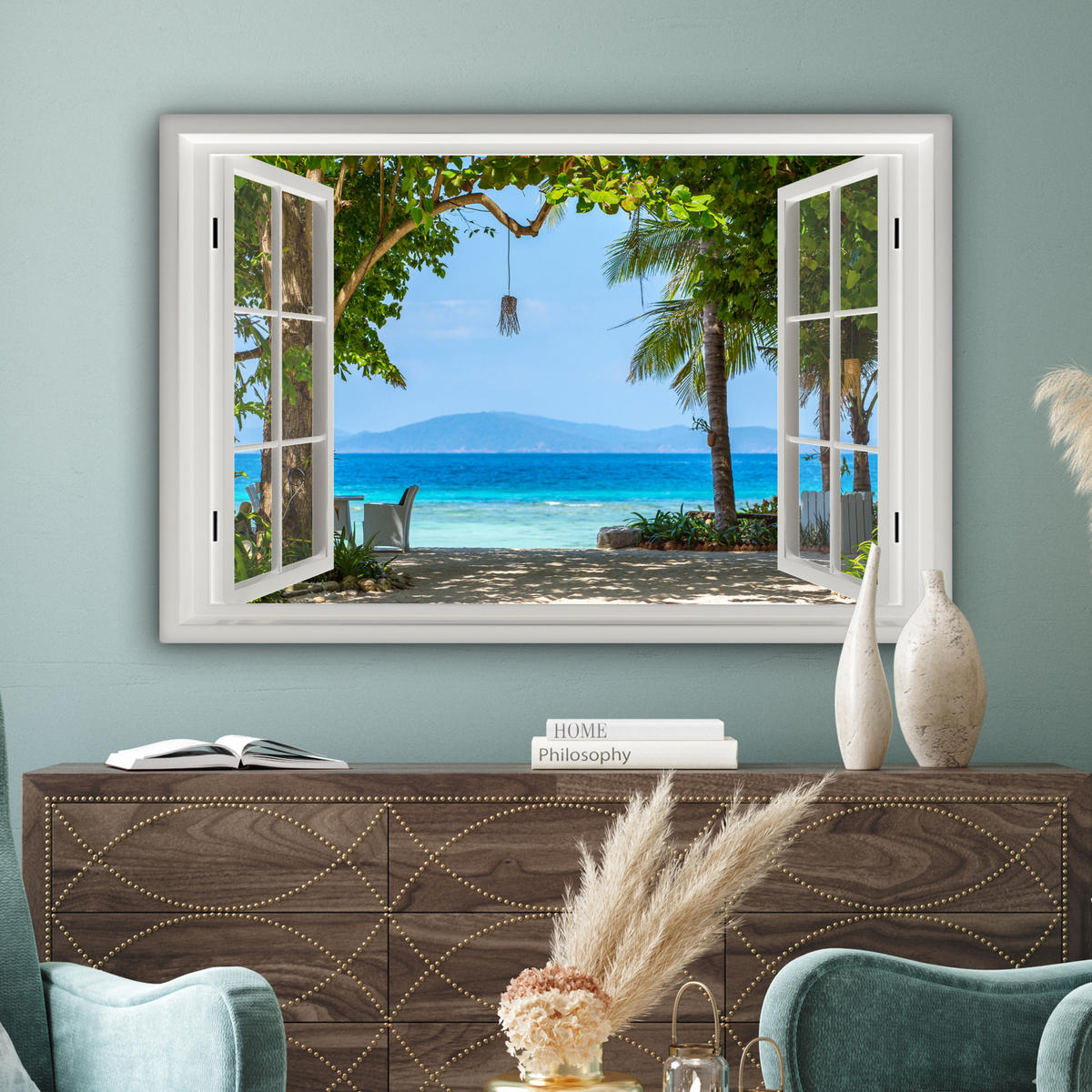 LEINWANDBILD Aussicht - Baum - Meer - Palme - Hügel - Strand - Blau Wohnzimmer Groß 120x80 cm - Blau, Textil (120/80cm) - MuchoWow