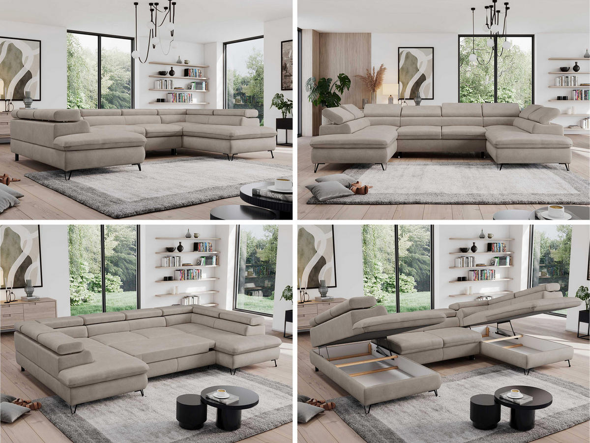 WOHNLANDSCHAFT PEDRO U Samt Beige - Beige/Schwarz, Textil/Metall (346/76/208cm) - MKS